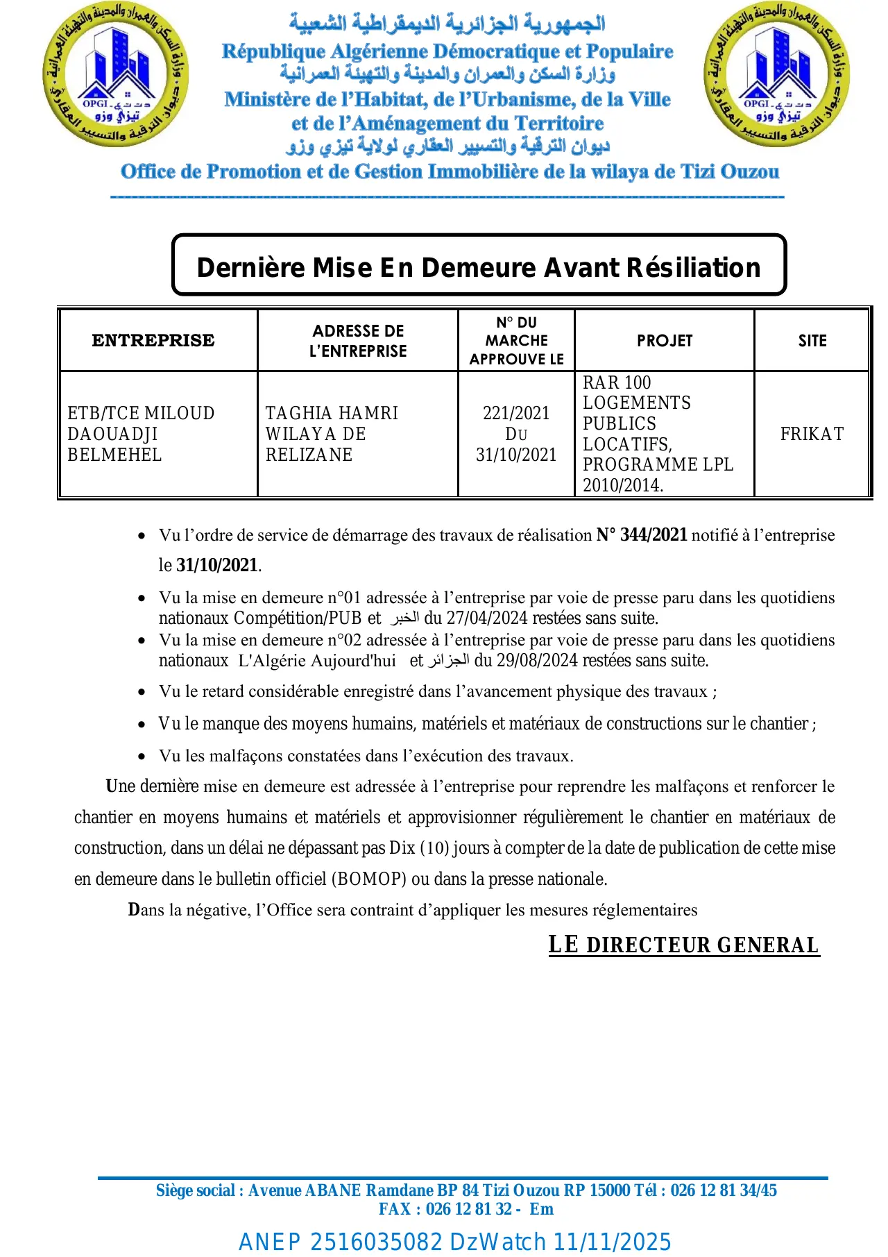 Annonce ANEP 2516035082 : Dernière Mise En Demeure Avant Résiliation, OFFICE DE PROMOTION ET DE GESTION IMMOBILIÈRE DE TIZI OUZOU