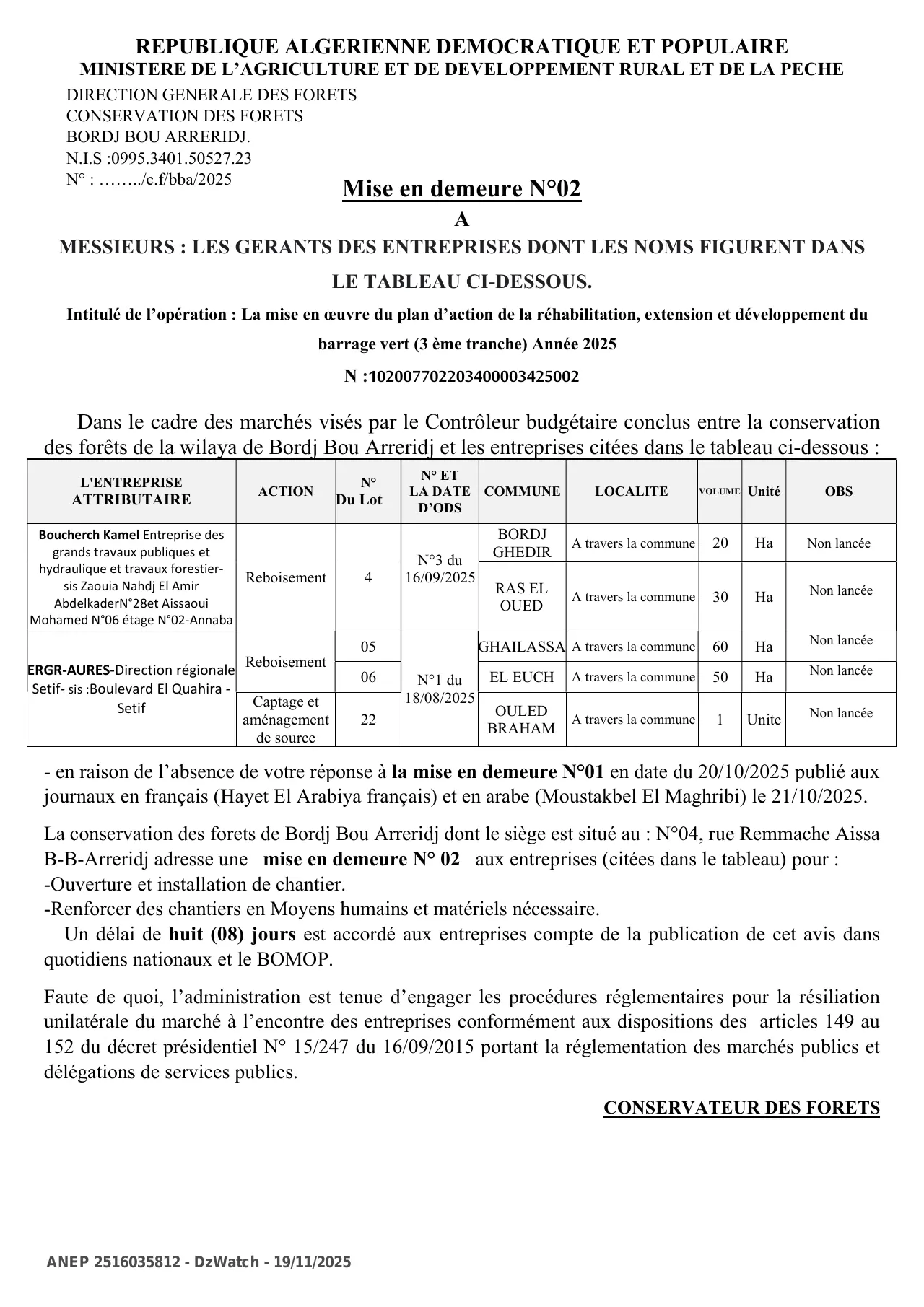 Annonce ANEP 2516035812 : Mise en demeure N°02, CONSERVATION DES FORETS BORDJ  BOU ARRERIDJ