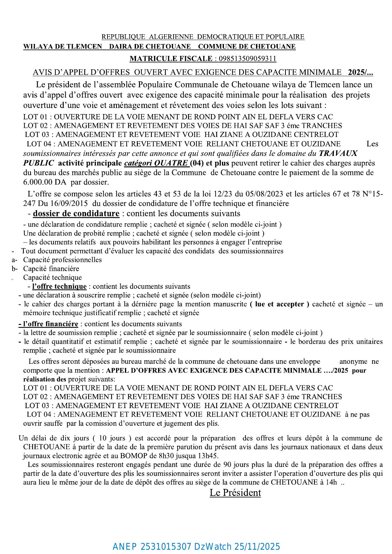 Annonce ANEP 2531015307 : AVIS D’APPEL D’OFFERS OUVERT AVEC EXIGENCE DE CAPACITES MINIMALS, COMMUNE CHETOUANE