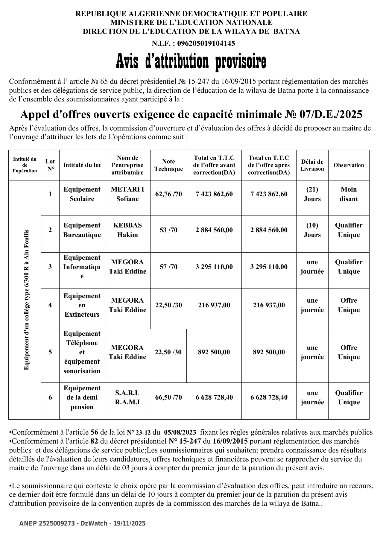 Annonce ANEP 2525009273 : AVIS D’ATTRIBUTION PROVISOIRE, Direction de l'éducation Batna