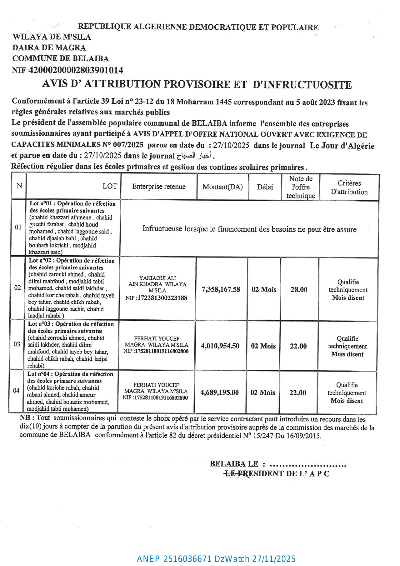 Annonce ANEP 2516036671 : AVIS D’ATTRIBUTION PROVISIORE ET D’INFRECTUOSITE, COMMUNE BELAIBA