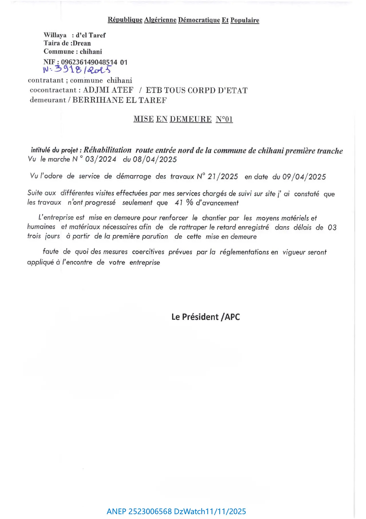 Annonce ANEP 2523006568 : MISE EN DEMEURE N°01, COMMUNE CHIHANI