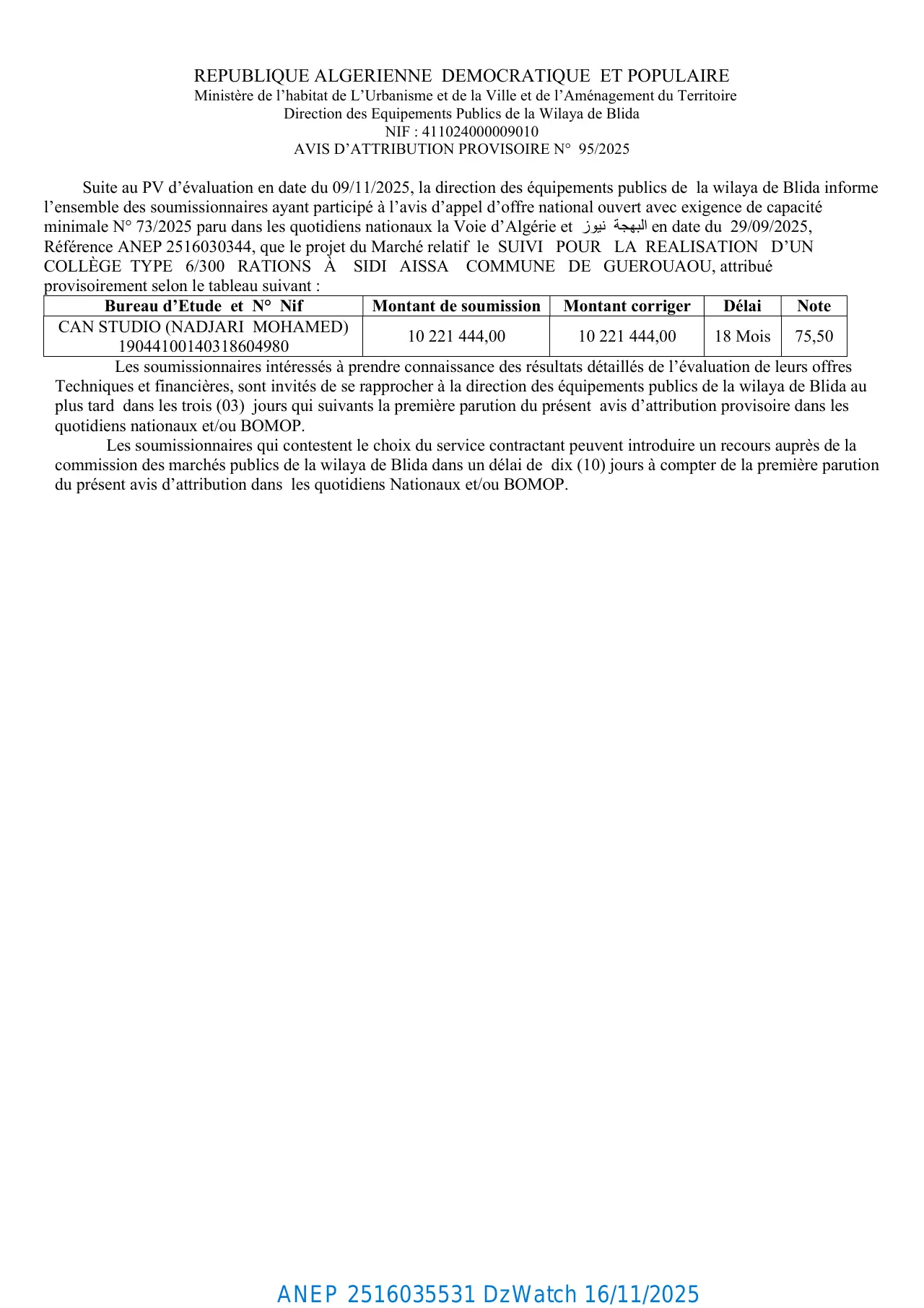 Annonce ANEP 2516035531 : AVIS D’ATTRIBUTION PROVISOIRE N° 95/2025, Direction des Equipements Publics de la Wilaya de Blida