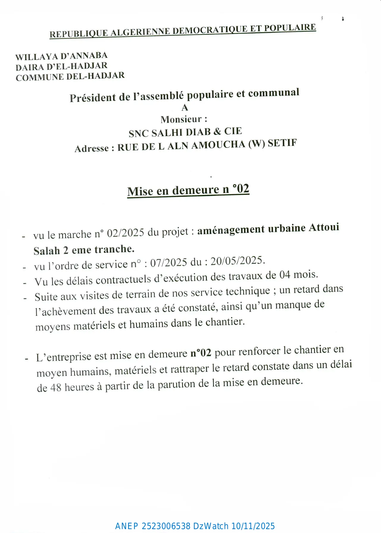 Annonce ANEP 2523006538 : MISE EN DEMEURE N°02, COMMUNE EL-HADJAR