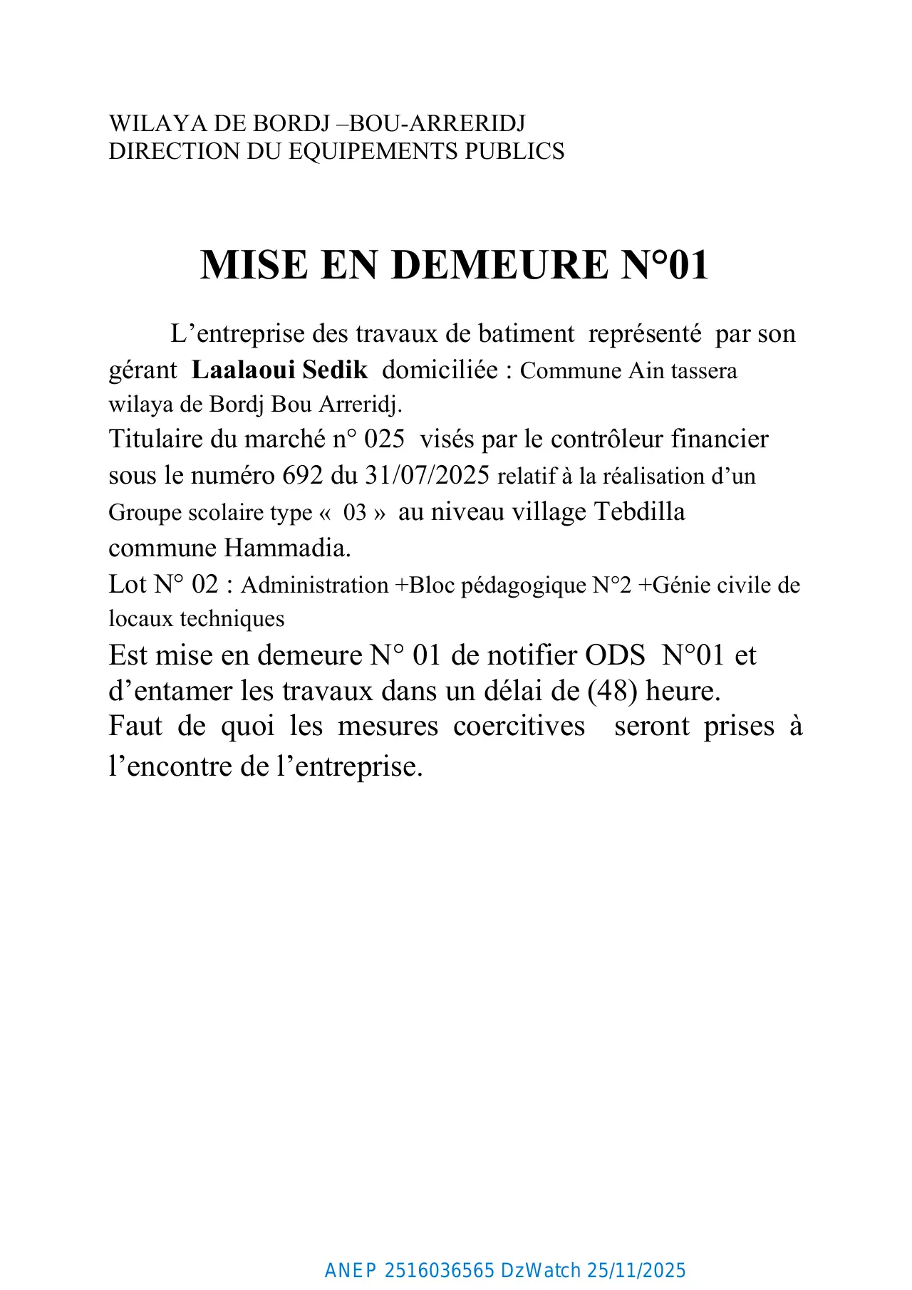 Annonce ANEP 2516036565 : MISE EN DEMEURE N°01, DIRECTION DES EQUIPEMENTS PUBLICS BORDJ BOU ARRERIDJ