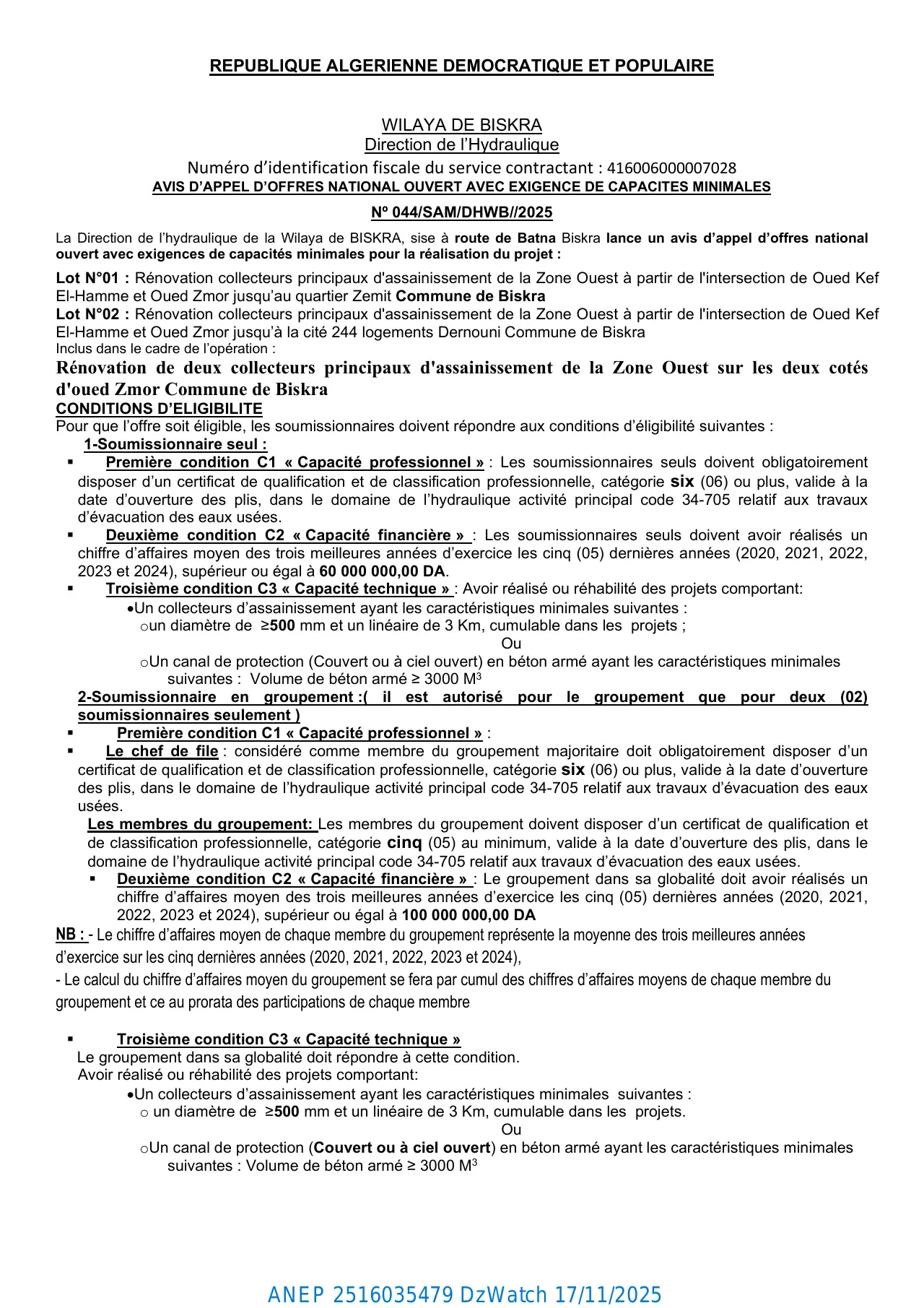 Annonce ANEP 2516035479 : AVIS D’APPEL D’OFFRES NATIONAL OUVERT AVEC EXIGENCE DE CAPACITES MINIMALES Nº 044/SAM/DHWB//2025, DIRECTION DE L'HYDRAULIQUE BISKRA