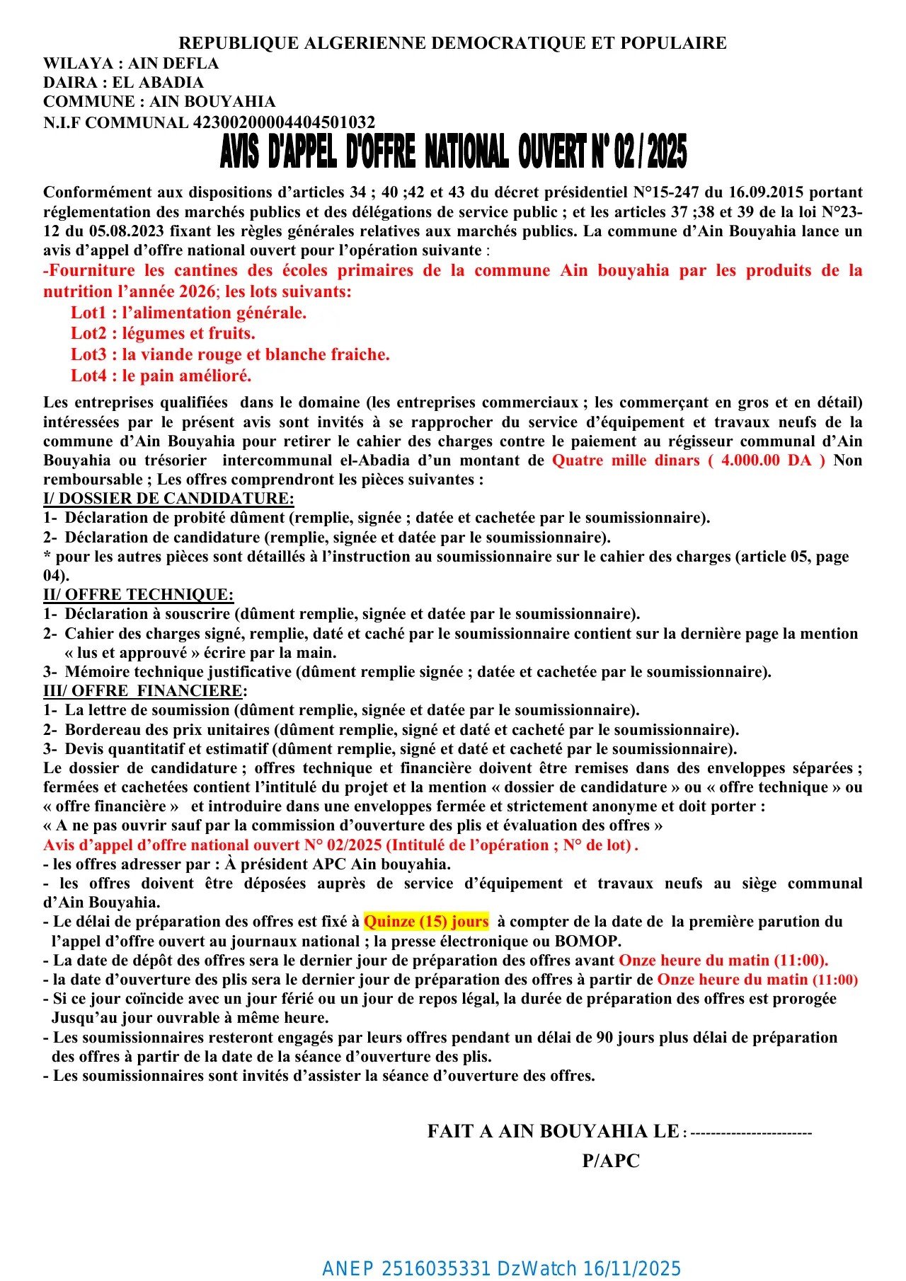 Annonce ANEP 2516035331 : AVIS D’APPEL D’OFFERS NATIONAL OUVERT, COMMUNE AIN-BOUYAHIA