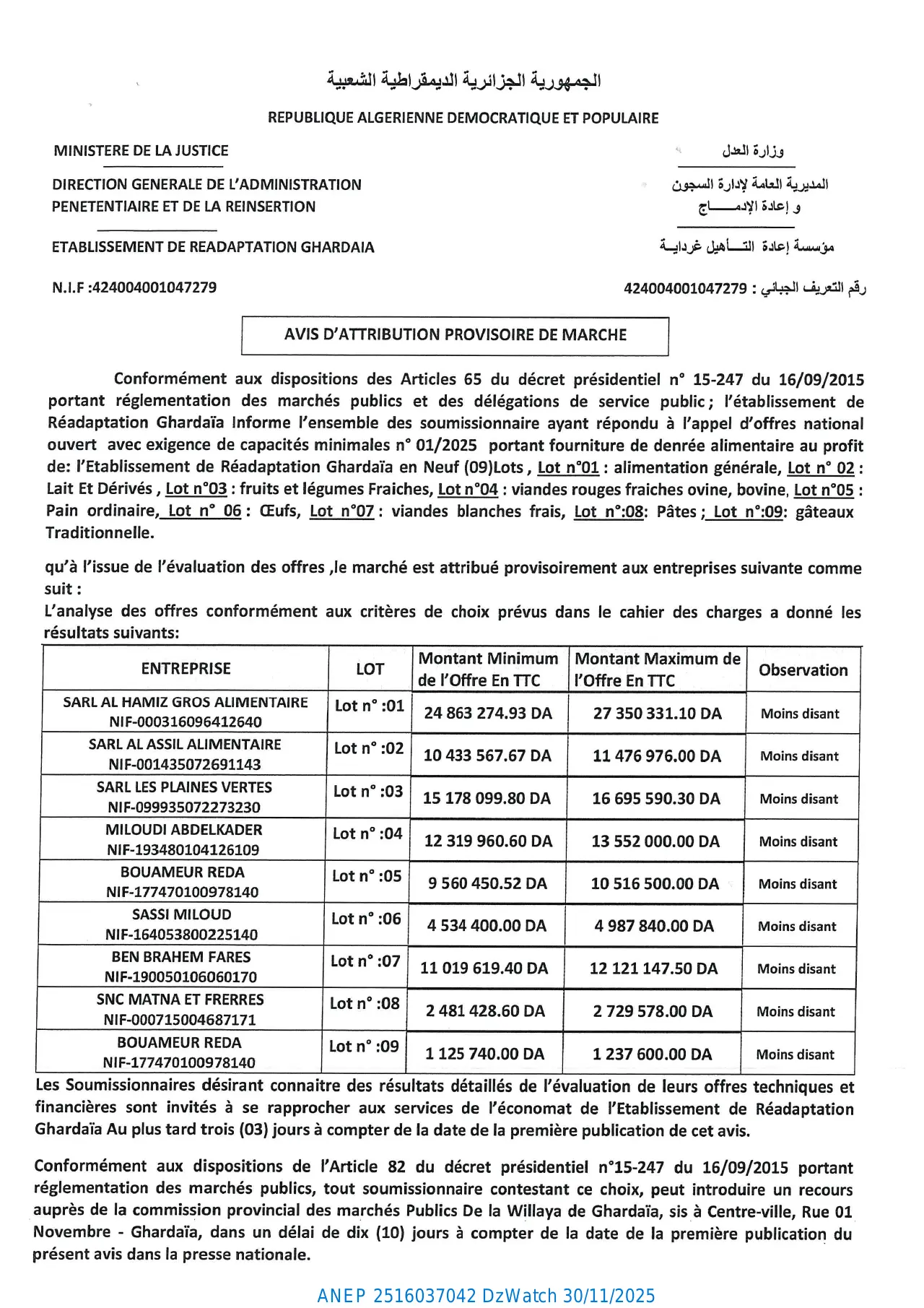 Annonce ANEP 2516037042 : AVIS D’ATTRIBUTION PROVISIORE D’UN MARCHE, ETABLISSEMENT DE REEDUCATION GHARDAIA
