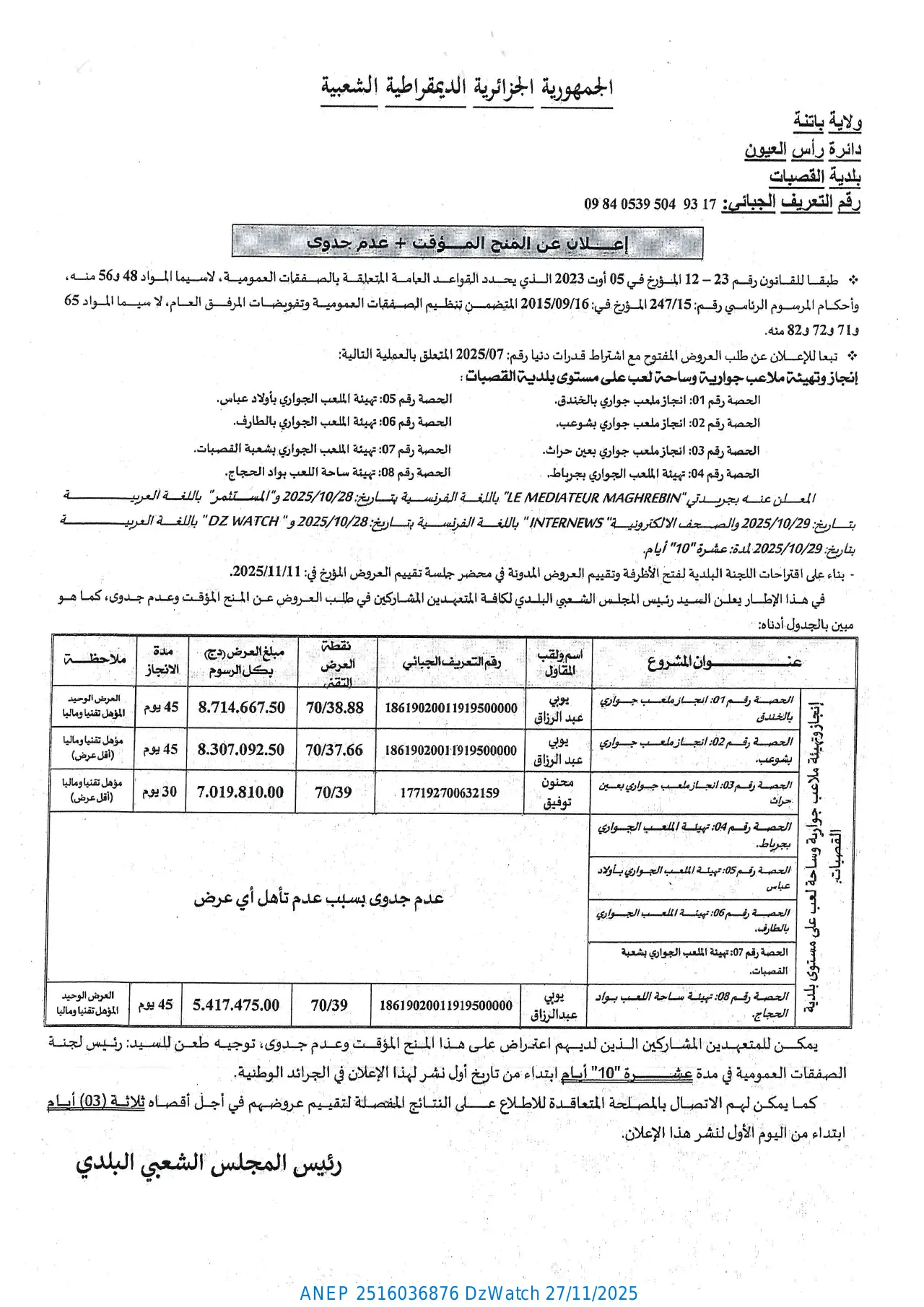 إعلان ANEP 2516036876: ⁨إعلان عن المنح المؤقت + عدم جدوى⁩، ⁨بلدية القصبات⁩