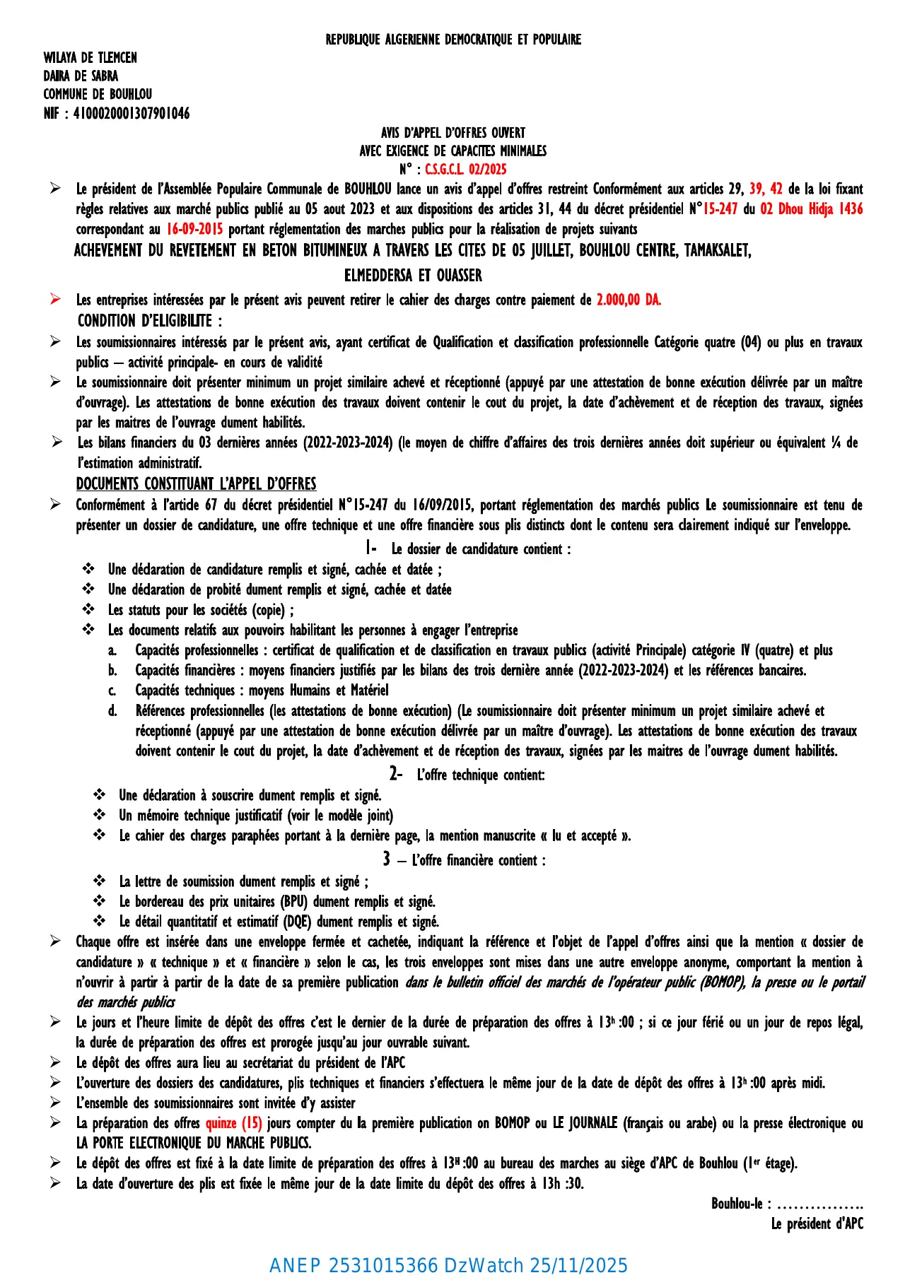 Annonce ANEP 2531015366 : AVIS D’APPEL D’OFFERS OUVERT AVEC EXIGENCE DE CAPACITES MINIMALS, COMMUNE DE BOUHLOU