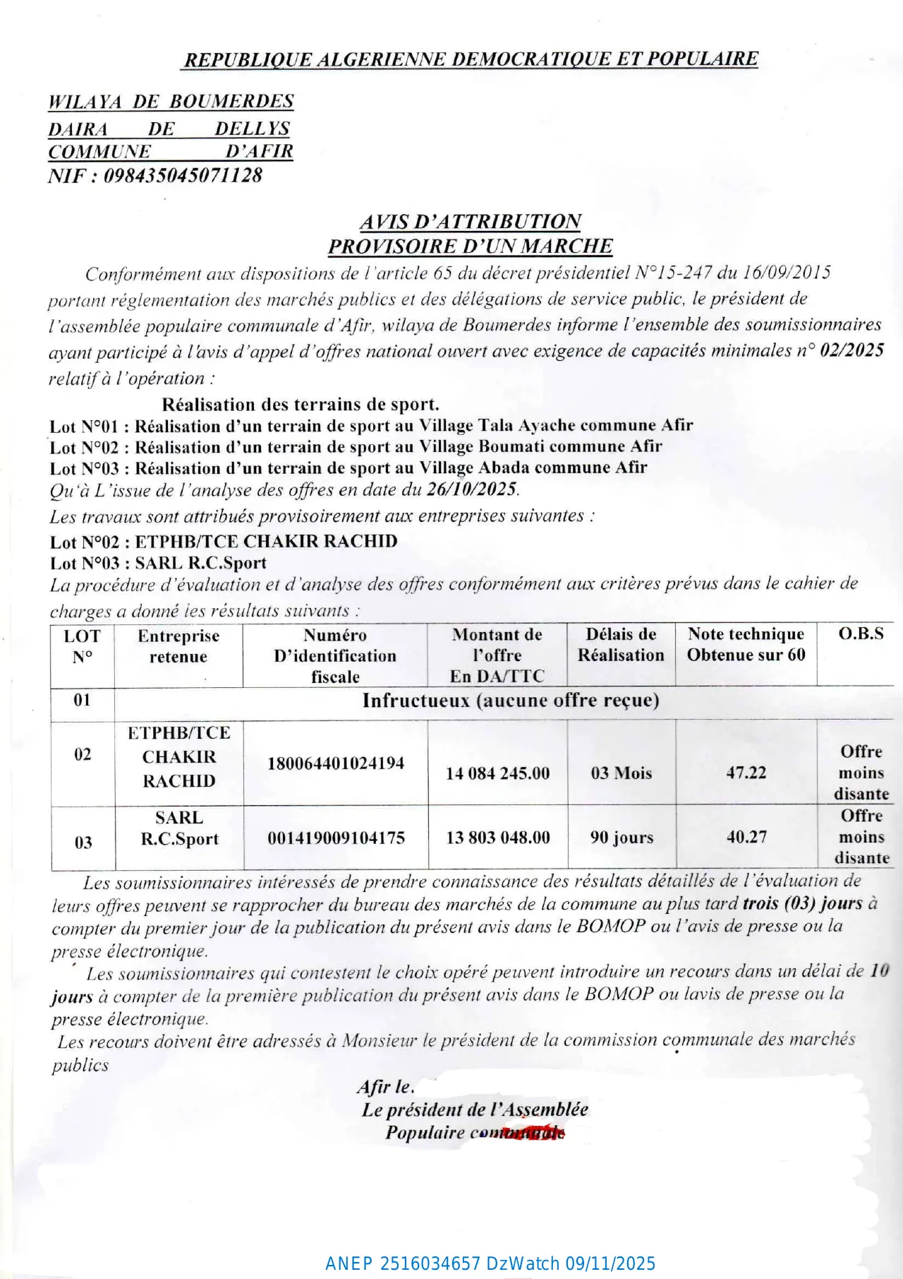 Annonce ANEP 2516034657 : AVIS D’ATTRIBUTION PROVISIORE D’UN MARCHE, COMMUNE AFIR