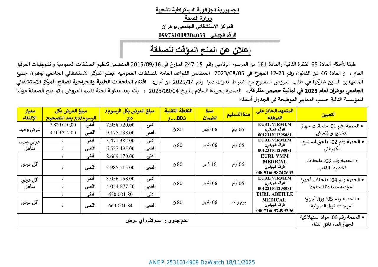 إعلان ANEP 2531014909: إعلان عن المنح المؤقت للصفقة، المركز الإستشفائي الجامعي بوهران