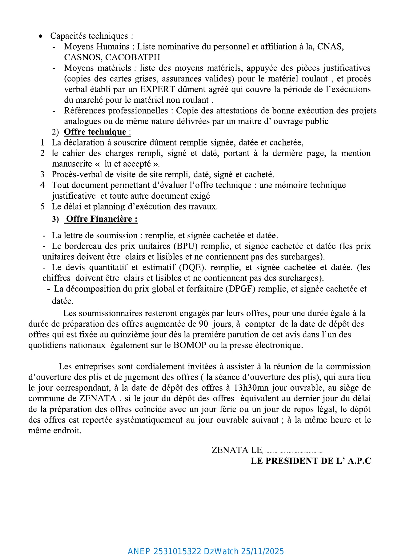 Annonce ANEP 2531015322 : AVIS D’APPEL D’OFFERS OUVERT AVEC EXIGENCE DE CAPACITES MINIMALS, COMMUNE ZENATA