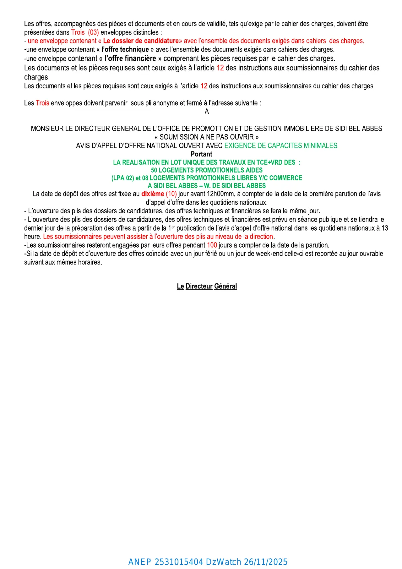 Annonce ANEP 2531015404 : AVIS D’APPEL D’OFFERS NATIONAL OUVERT AVEC EXIGENCE DE CAPACITES MINIMALS, OFFICE DE PROMOTION ET DE GESTION IMMOBILIÈRE DE SIDI BEL ABBES