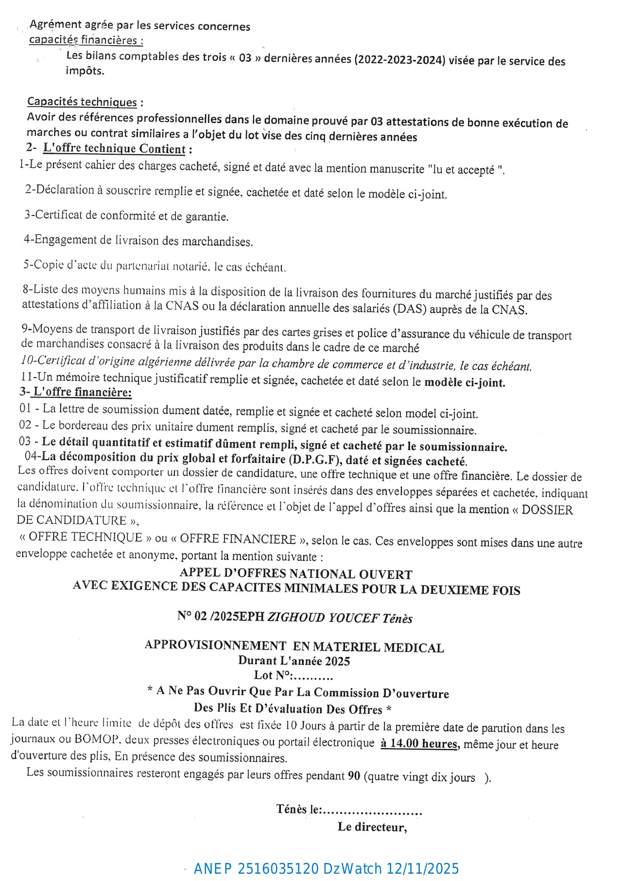 Annonce ANEP 2516035120 : AVIS D’APPEL D’OFFERS NATIONAL OUVERT AVEC EXIGENCE DE CAPACITES MINIMALS, E P H TENES "ZIGHOUD Youcef"