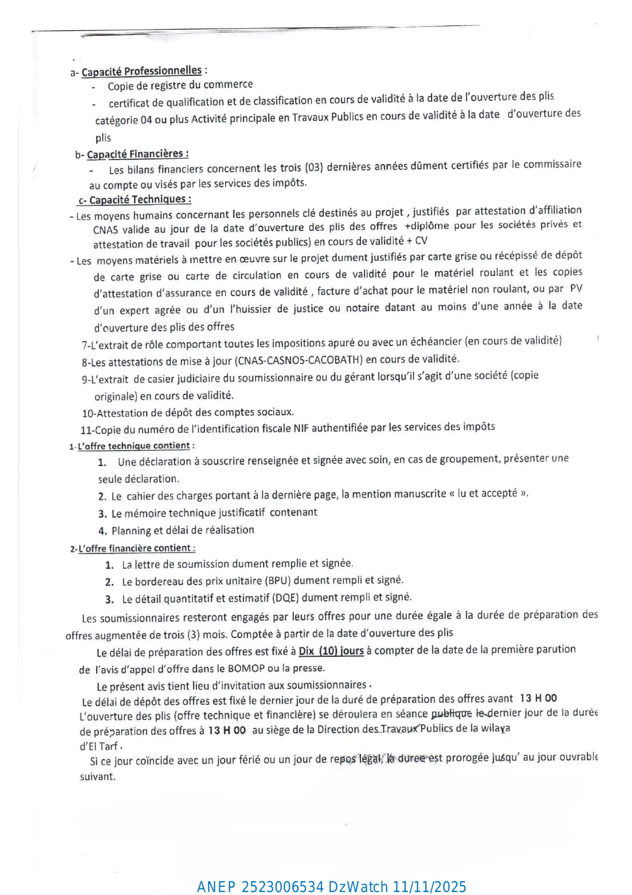 Annonce ANEP 2523006534 : AVIS D’APPEL D’OFFERS OUVERT AVEC EXIGENCE DE CAPACITES MINIMALS, DIRECTION DES TRAVAUX PUBLICS EL TARF