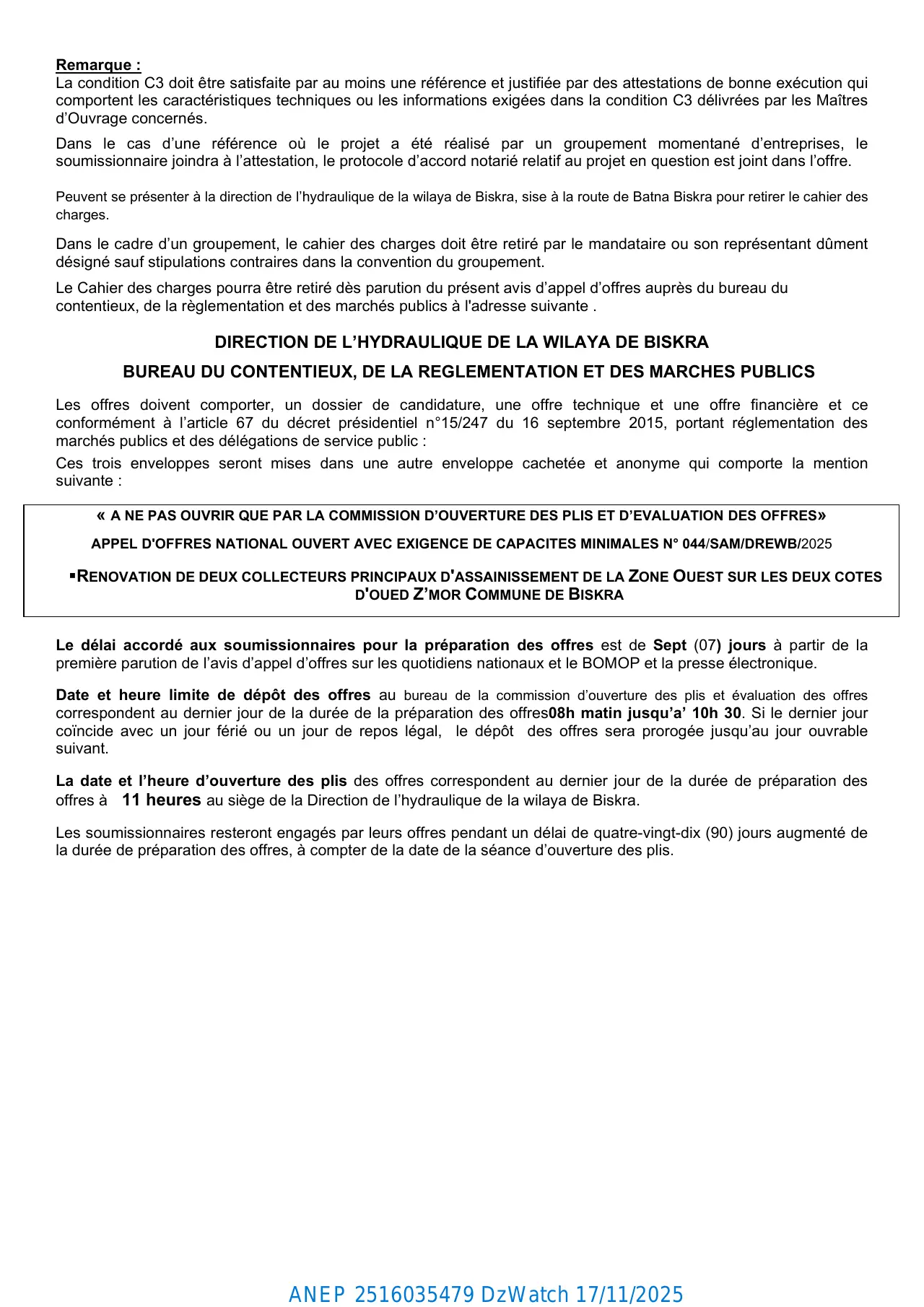 Annonce ANEP 2516035479 : AVIS D’APPEL D’OFFRES NATIONAL OUVERT AVEC EXIGENCE DE CAPACITES MINIMALES Nº 044/SAM/DHWB//2025, DIRECTION DE L'HYDRAULIQUE BISKRA