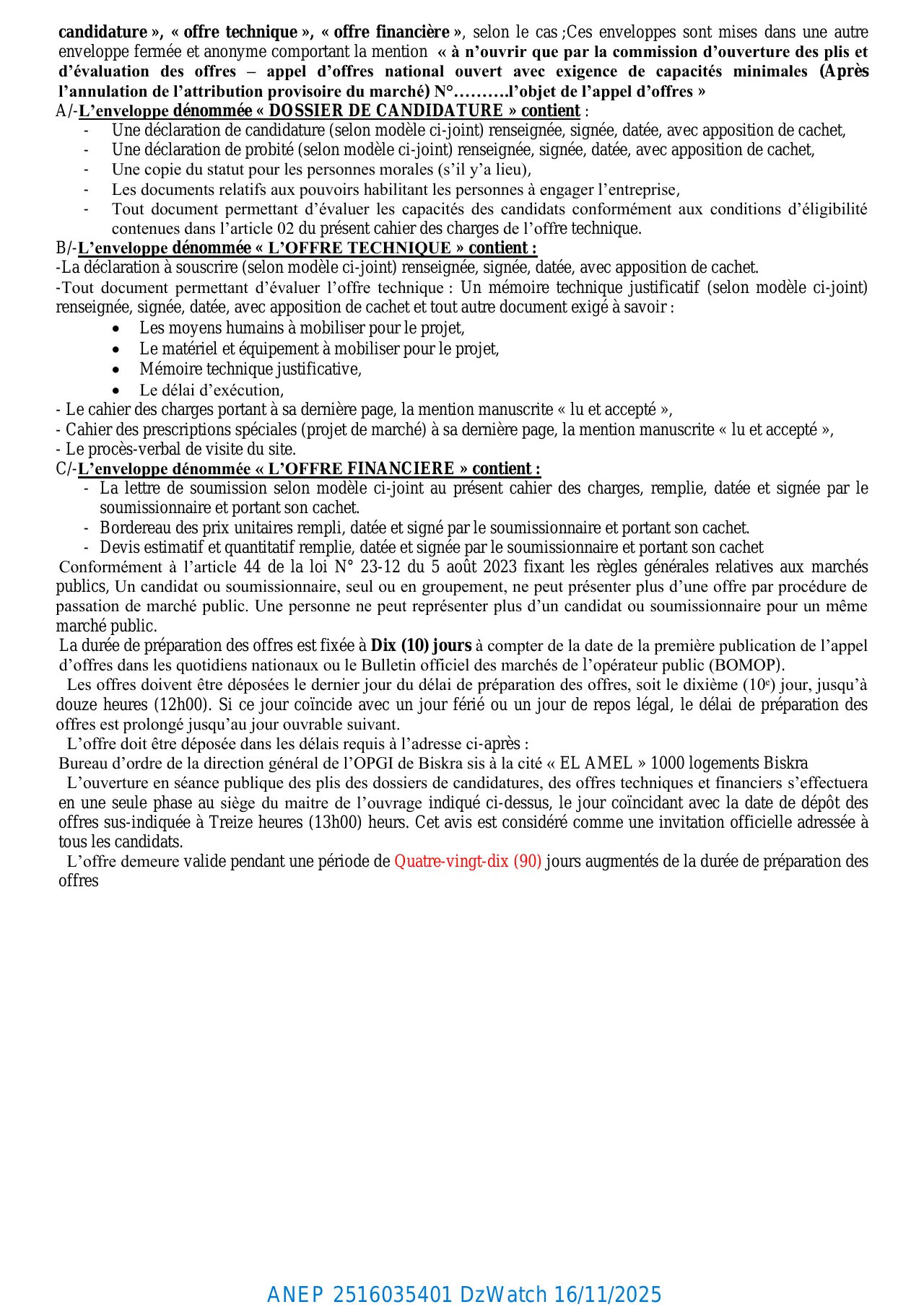 Annonce ANEP 2516035401 : AVIS D’APPEL D’OFFRES NATIONAL OUVERT AVEC EXIGENCE DE CAPACITES MINIMALES N° 12 / SMP/DMO/DG/2025 (Après l’annulation de l’attribution provisoire du marché), OFFICE DE PROMOTION ET DE GESTION IMMOBILIERE DE LA WILAYA DE BISKRA