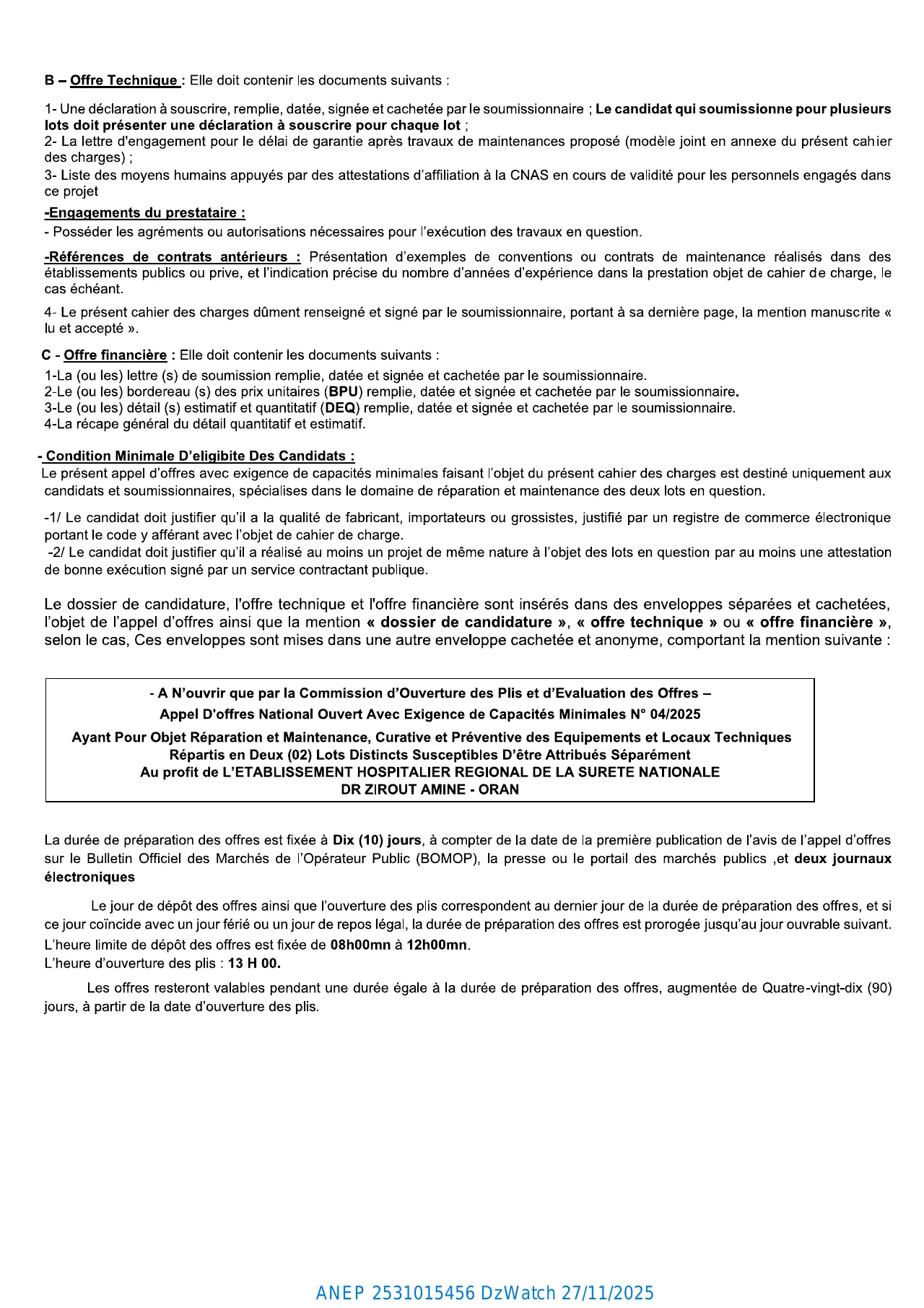 Annonce ANEP 2531015456 : AVIS D’APPEL D’OFFERS NATIONAL OUVERT AVEC EXIGENCE DE CAPACITES MINIMALS, ETABLISSEMENT HOSPITALIER REGIONAL DE LA SURETE NATIONALE ORAN