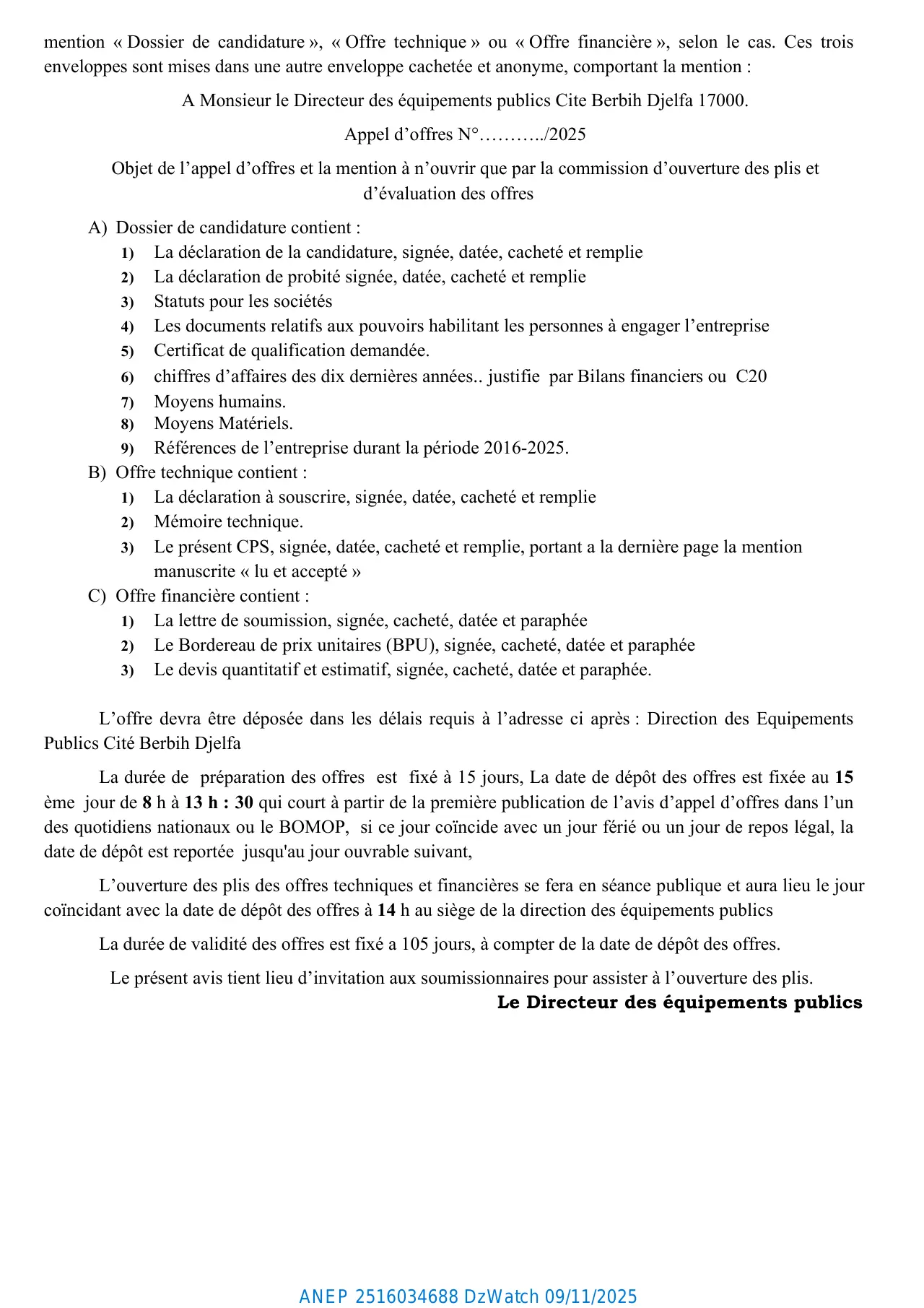 Annonce ANEP 2516034688 : AVIS D’APPEL D’OFFRES OUVERT AVEC EXIGENCES DE CAPACITES MINIMALES N° 122 /2025, DIRECTION DES EQUIPEMENTS PUBLICS DJELFA