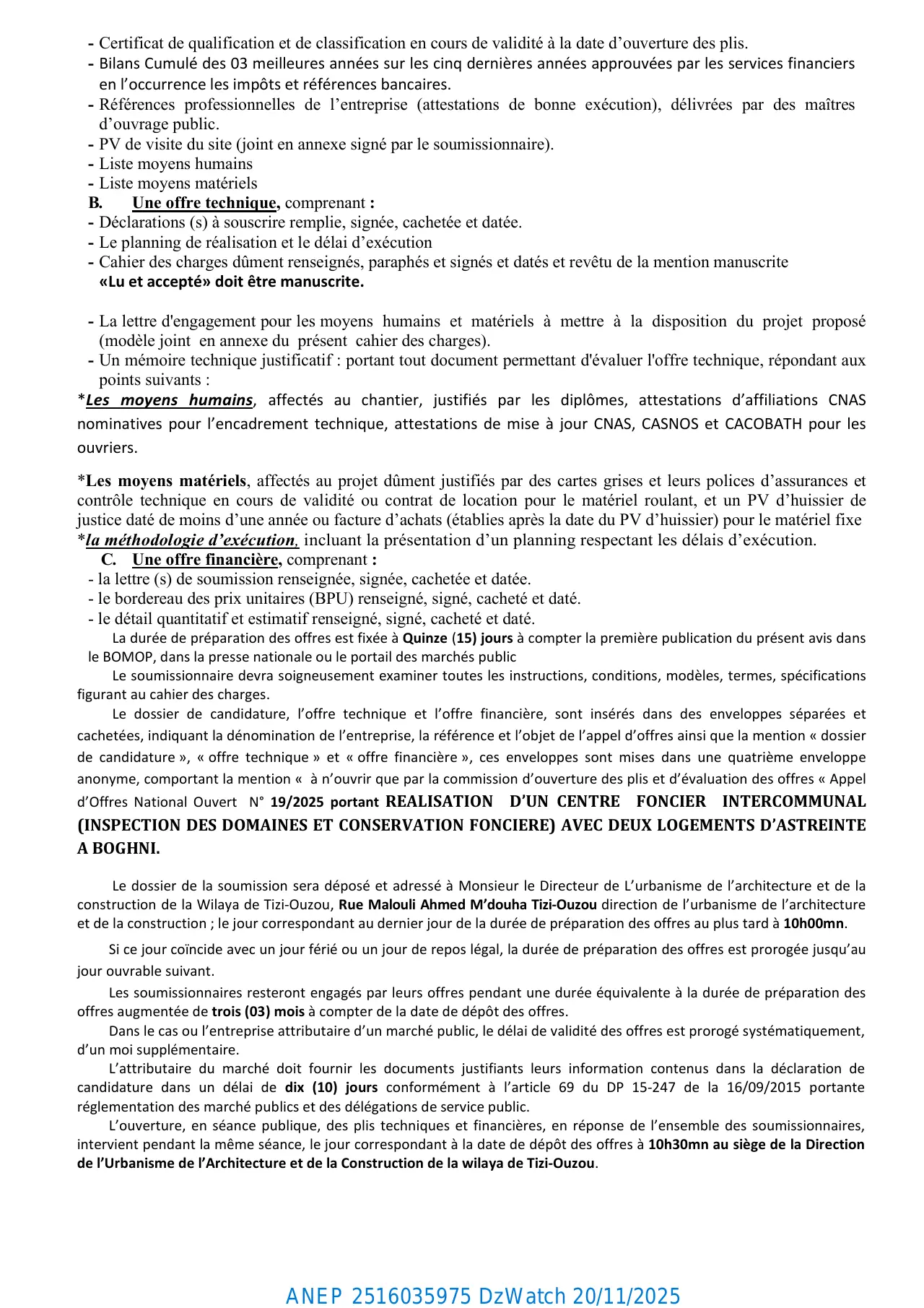 Annonce ANEP 2516035975 : AVIS D’APPEL D’OFFRES NATIONAL OUVERT N°19/2025, DIRECTION DE L’URBANISME, DE L’ARCHITECTURE ET DE LA CONSTRUCTION WILAYA DE  TIZI-OUZOU