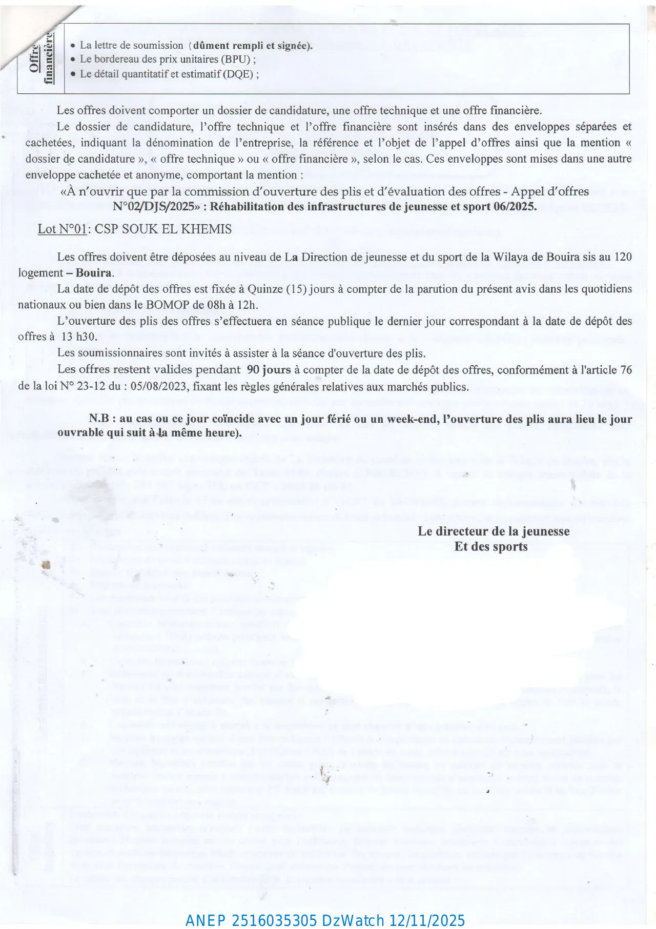 Annonce ANEP 2516035305 : AVIS D’APPEL D’OFFERS NATIONAL OUVERT AVEC EXIGENCE DE CAPACITES MINIMALS, DIRECTION DE LA JEUNESSE ET DES SPORTS BOUIRA