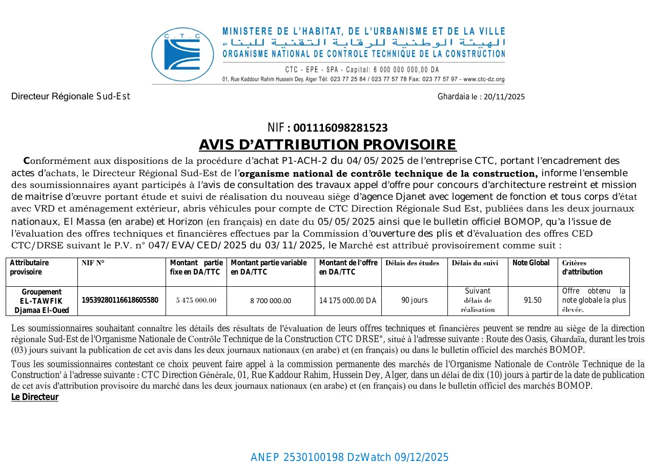 Annonce ANEP 2530100198 : AVIS D’ATTRIBUTION PROVISOIRE, CTC DIRECTION REGIONALE SUD EST GHARDAIA