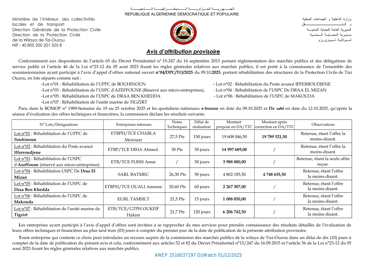 Annonce ANEP 2516037197 : Avis d’attribution provisoire, DIRECTION DE LA PROTECTION CIVILE TIZI OUZOU