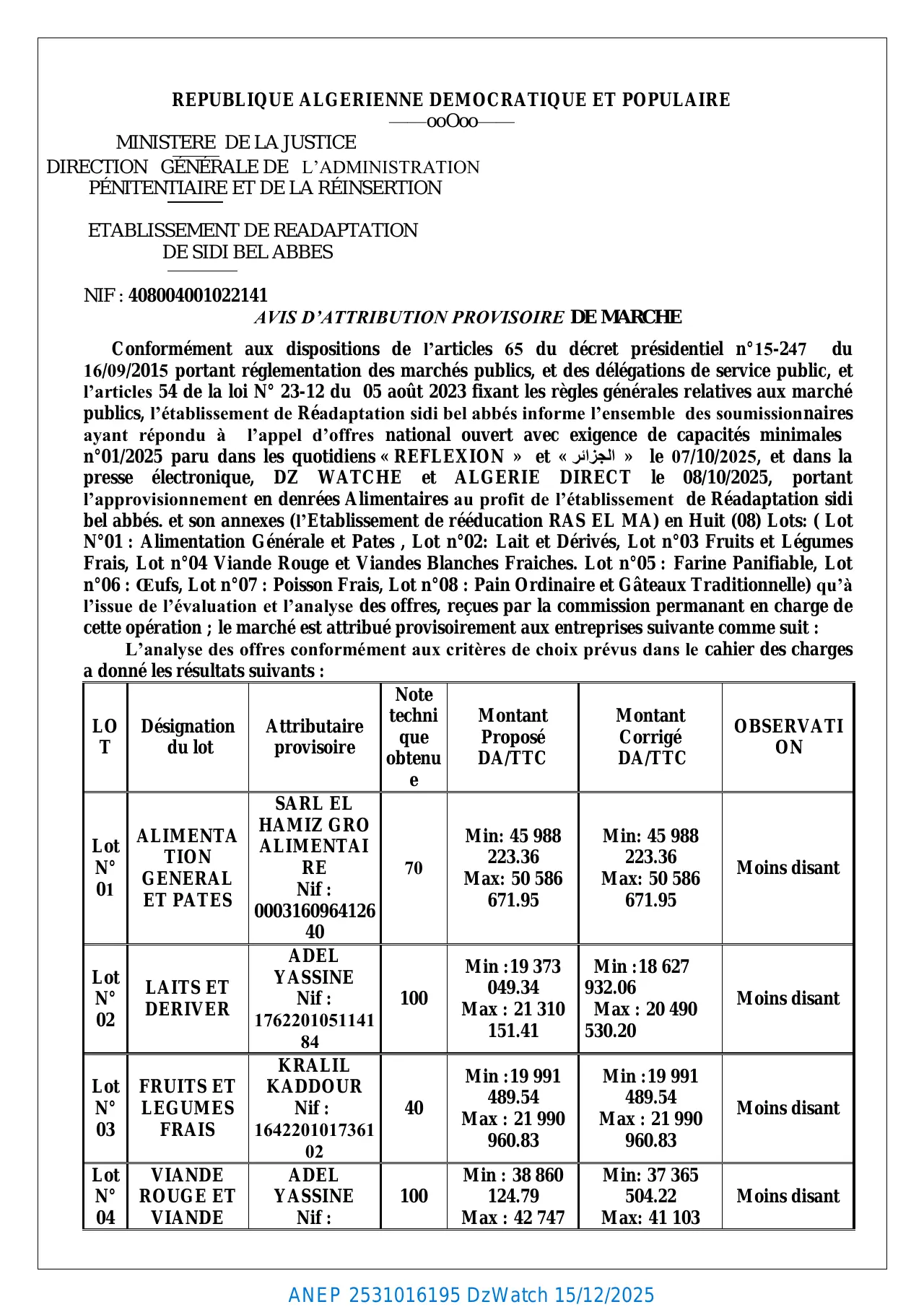 Annonce ANEP 2531016195 : AVIS D’ATTRIBUTION PROVISOIRE DE MARCHE, ETABLISSEMENT DE REEDUCATION ET READAPTATION SIDI BELABES