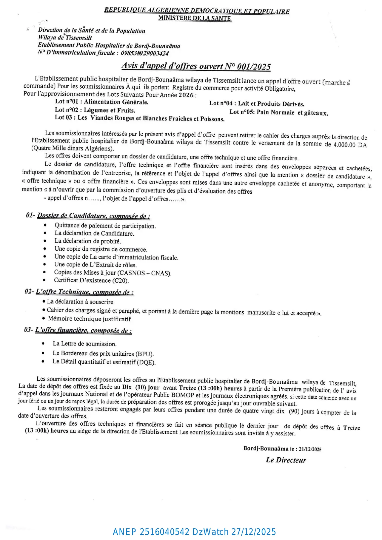 Annonce ANEP 2516040542 : Avis d'appel d'offres ouvert N° 001/2025, Etablissement Public Hospitalier (EPH) de Bordj-Bounaâma (Wilaya de Tissemsilt)
