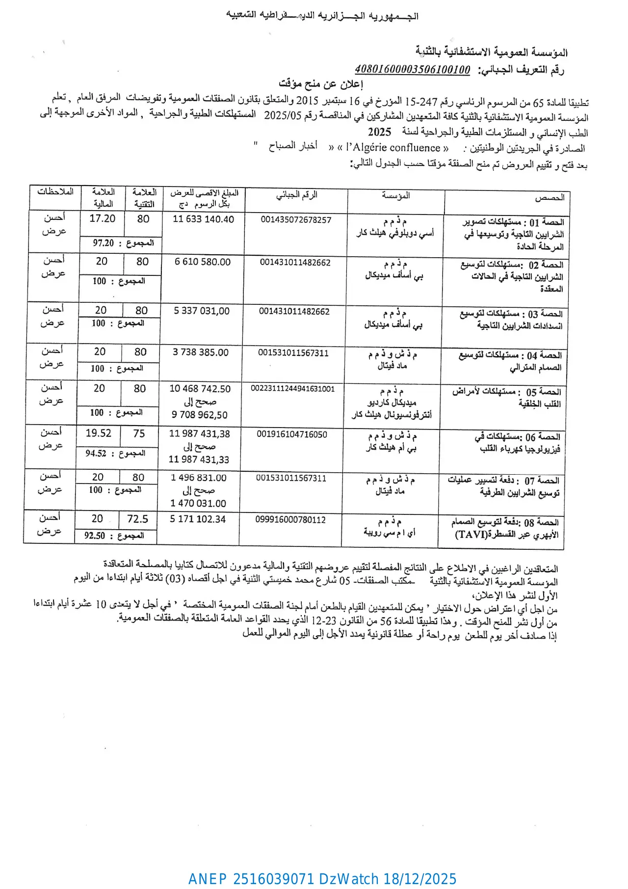 إعلان ANEP 2516039071: ⁨إعلان عن منح مؤقت⁩، ⁨المؤسسة العمومية الاستشفائية بالثنية⁩