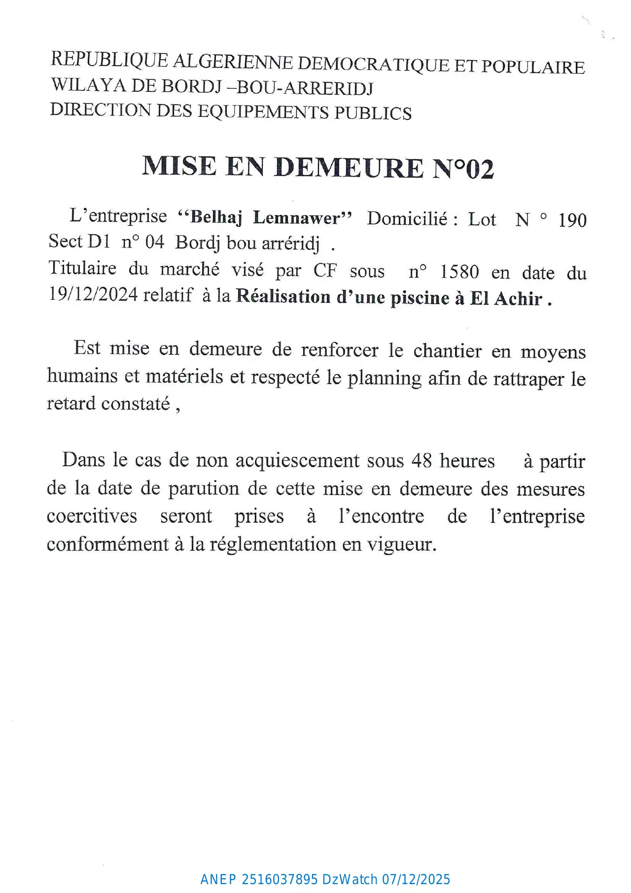 Annonce ANEP 2516037895 : MISE EN DEMEURE N°02, DIRECTION DES EQUIPEMENTS PUBLICS BORDJ BOU ARRERIDJ