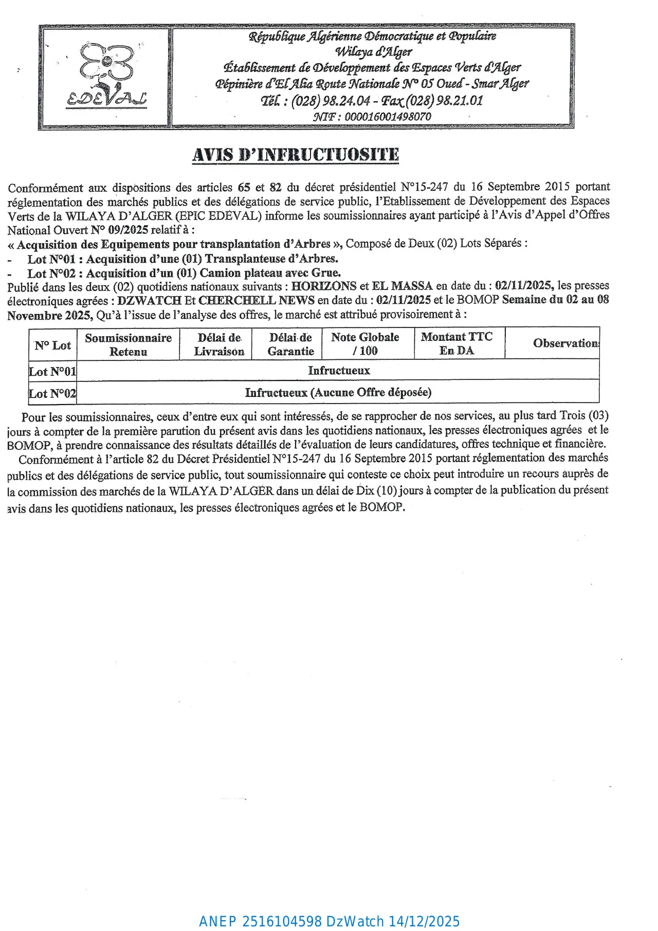 Annonce ANEP 2516104598 : AVIS D’INFRECTUOSITE, ÉTABLISSEMENT DE DÉVELOPPEMENT DES ESPACES VERTS D'ALGER