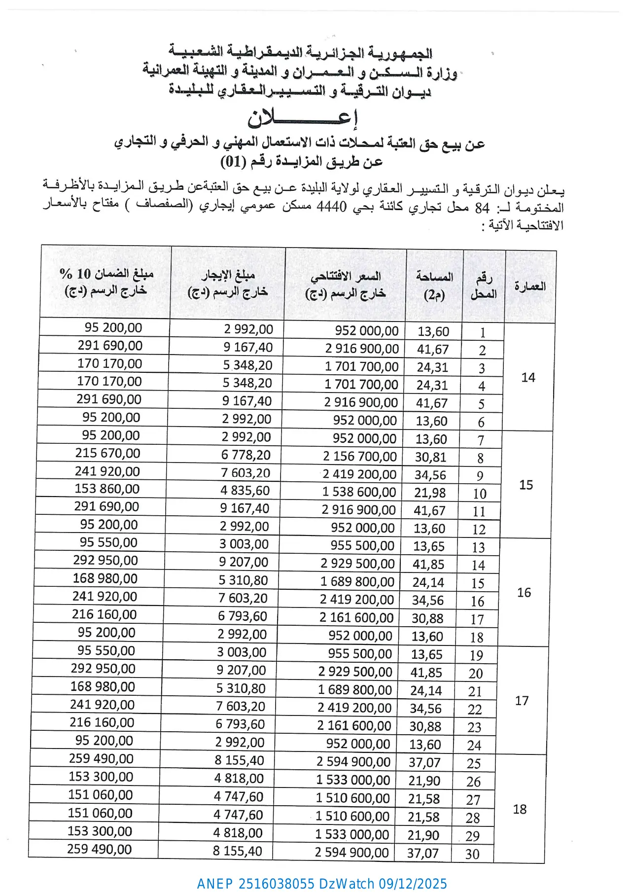 إعلان ANEP 2516038055: ⁨إعلان عن بيع حق العتبة لمحلات⁩، ⁨ديوان الترقية والتسيير العقاري لولاية البليدة⁩