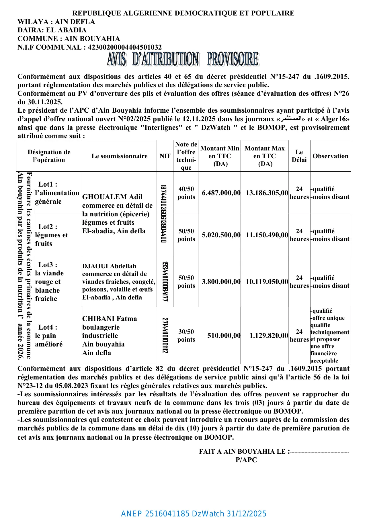 Annonce ANEP 2516041185 : AVIS D'ATTRIBUTION PROVISOIRE, COMMUNE: AIN BOUYAHIA