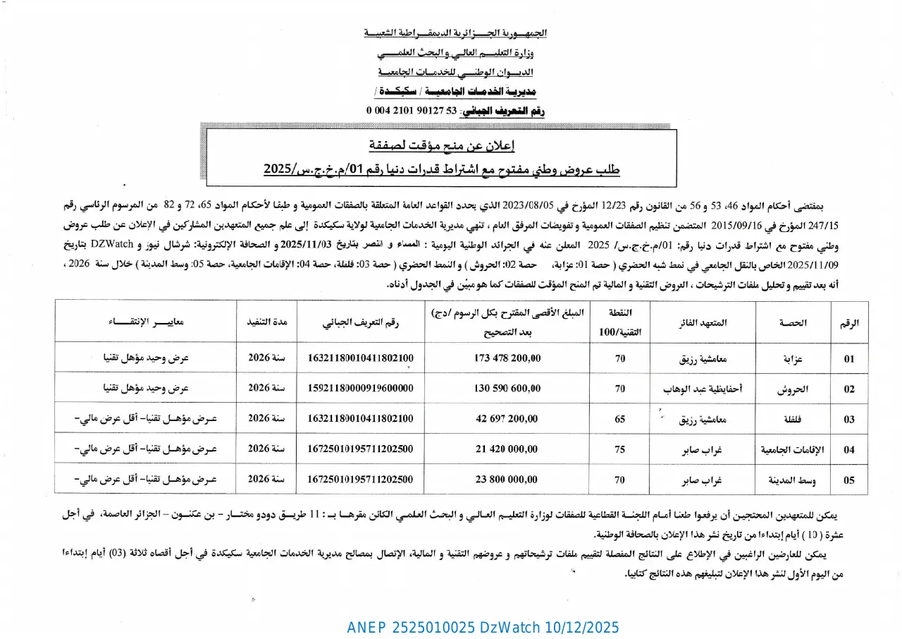 إعلان ANEP 2525010025: إعلان عن منح مؤقت لصفقة، مديرية الخدمات الجامعية سكيكدة