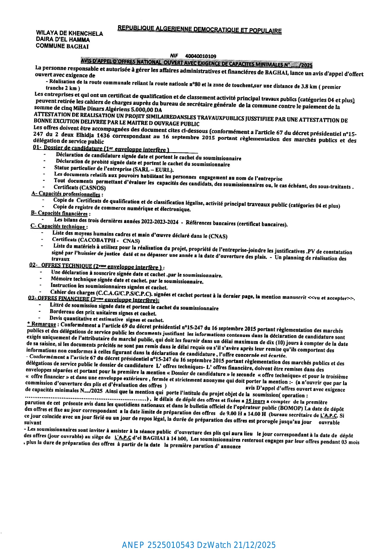 Annonce ANEP 2525010543 : AVIS D'APPEL D'OFFRES NATIONAL OUVERT AVEC EXIGENCE DE CAPACITES MINIMALES N ...../2025., COMMUNE BAGHAI