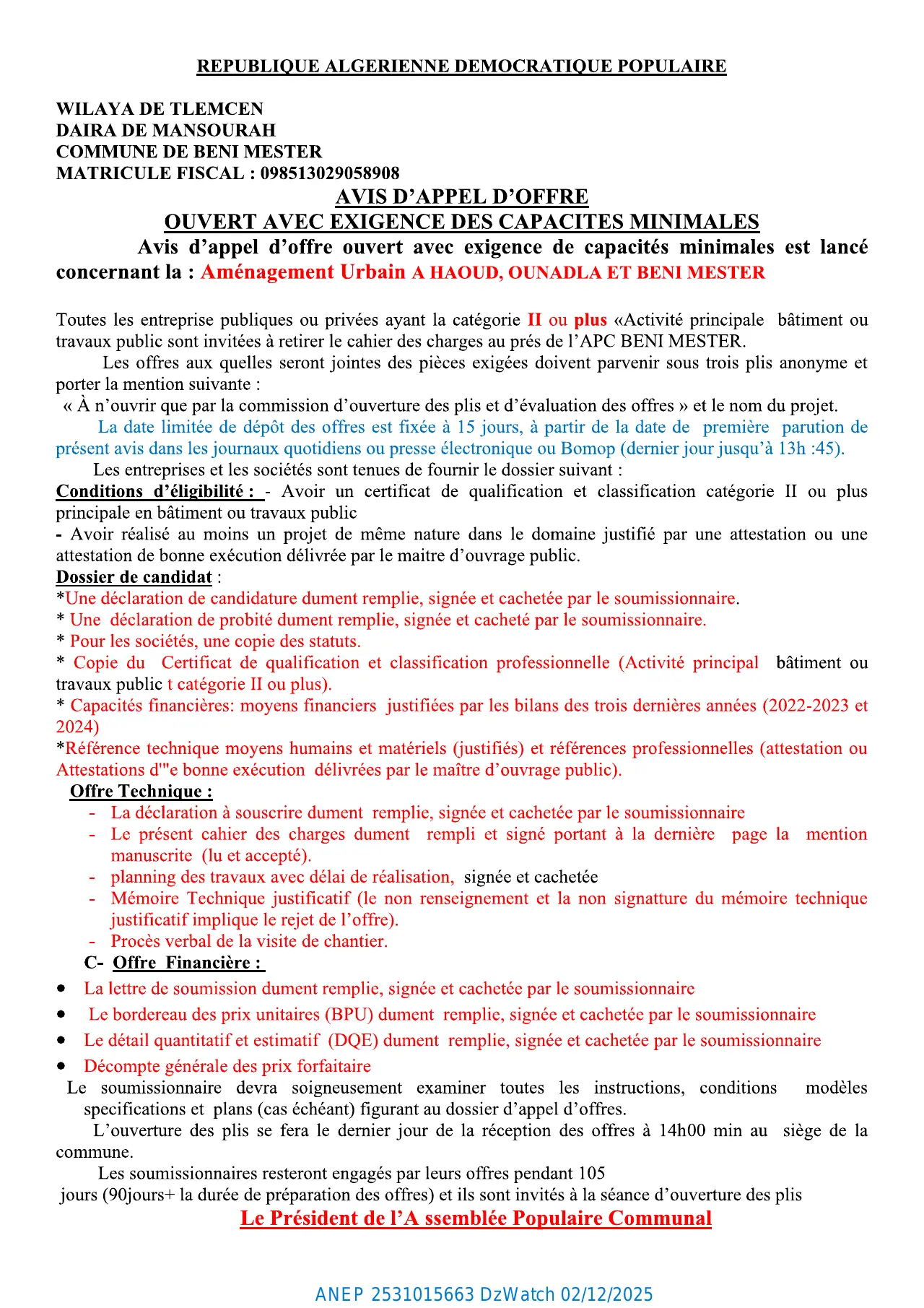 Annonce ANEP 2531015663 : AVIS D’APPEL D’OFFERS OUVERT AVEC EXIGENCE DE CAPACITES MINIMALS, COMMUNE BENI-MESTER TLEMCEN