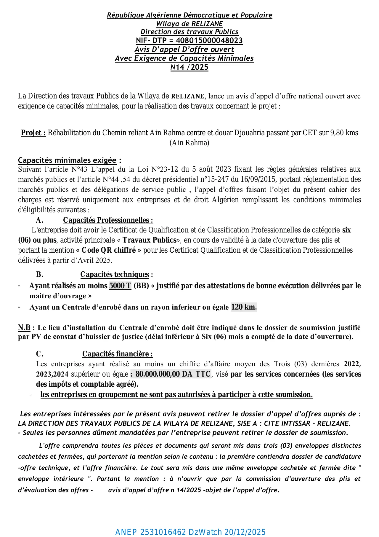 Annonce ANEP 2531016462 : Avis D'appel D'offre ouvert Avec Exigence de Capacités Minimales N°14/2025, Direction des Travaux Publics de la Wilaya de RELIZANE