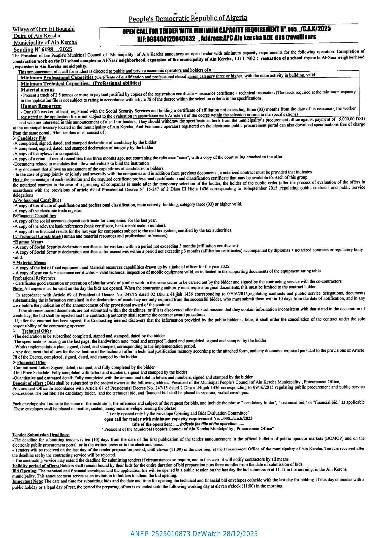 Annonce ANEP 2525010873 : OPEN CALL FOR TENDER WITH MINIMUM CAPACITY REQUIREMENT ., Municipality of Ain Kercha