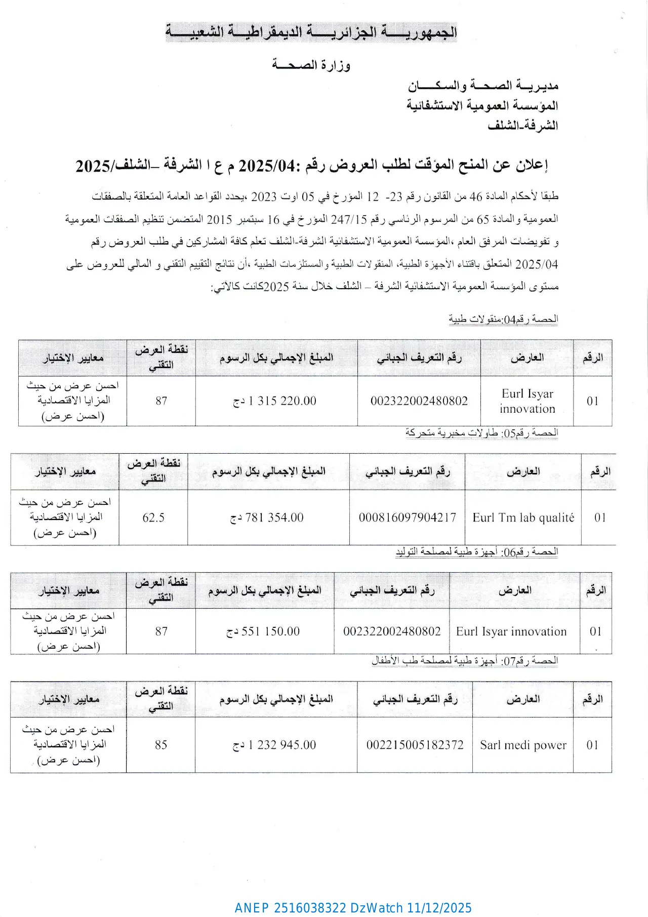 إعلان ANEP 2516038322: ⁨إعلان عن المنح المؤقت⁩، ⁨المؤسسة العمومية الإستشفائية الشرفة الشلف⁩