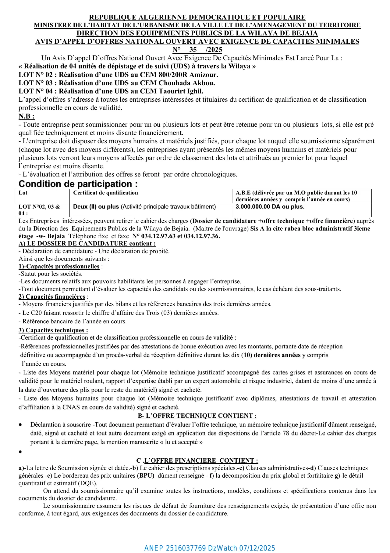 Annonce ANEP 2516037769 : AVIS D’APPEL D’OFFRES NATIONAL OUVERT AVEC EXIGENCE DE CAPACITES MINIMALES N° 35 /2025, DIRECTION DES EQUIPEMENTS PUBLICS BEJAIA