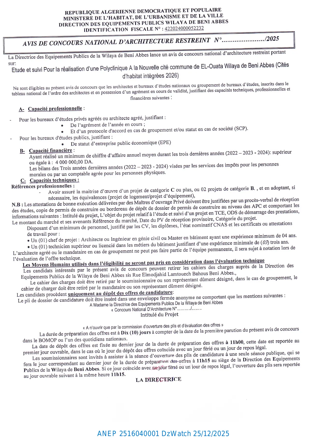 Annonce ANEP 2516040001 : Avis de Concours National d'Architecture Restreint, Direction des Équipements Publics (DEP) de la Wilaya de Beni Abbes