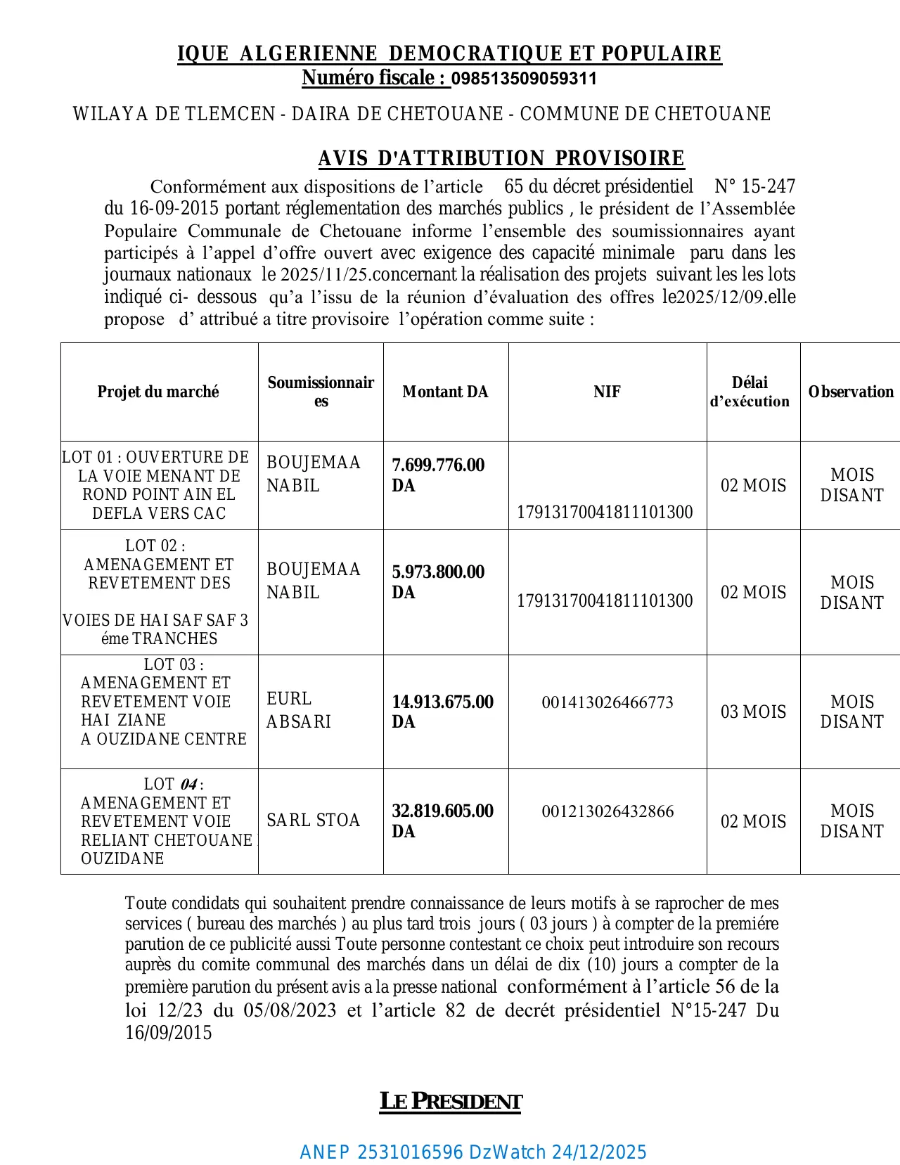 Annonce ANEP 2531016596 : AVIS D'ATTRIBUTION PROVISOIRE, COMMUNE DE CHETOUANE (Wilaya de Tlemcen)