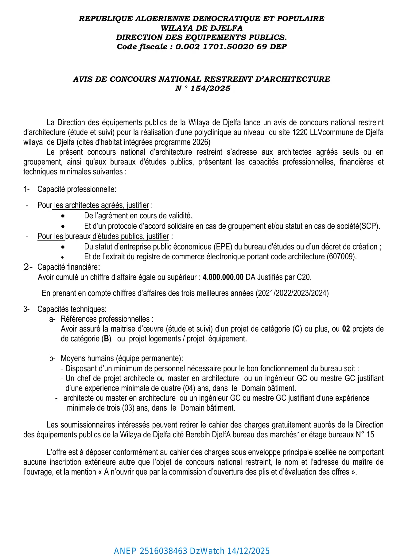 Annonce ANEP 2516038463 : AVIS DE CONCOURS NATIONAL RESTREINT D’ARCHITECTURE N ° 154/2025, DIRECTION DES EQUIPEMENTS PUBLICS DJELFA