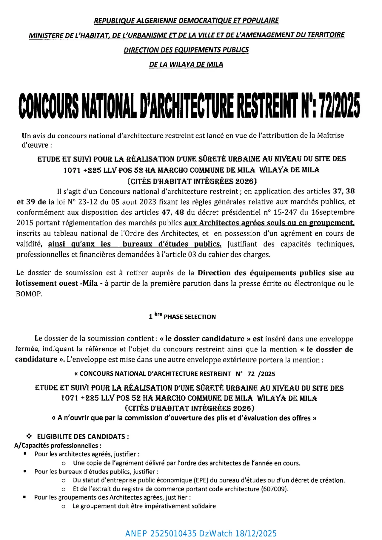 Annonce ANEP 2525010435 : CONCOURS NATIONAL D'ARCHITECTURE RESTREINT N°: 72/2025, DIRECTION DES EQUIPEMENTS PUBLICS DE LA WILAYA DE MILA