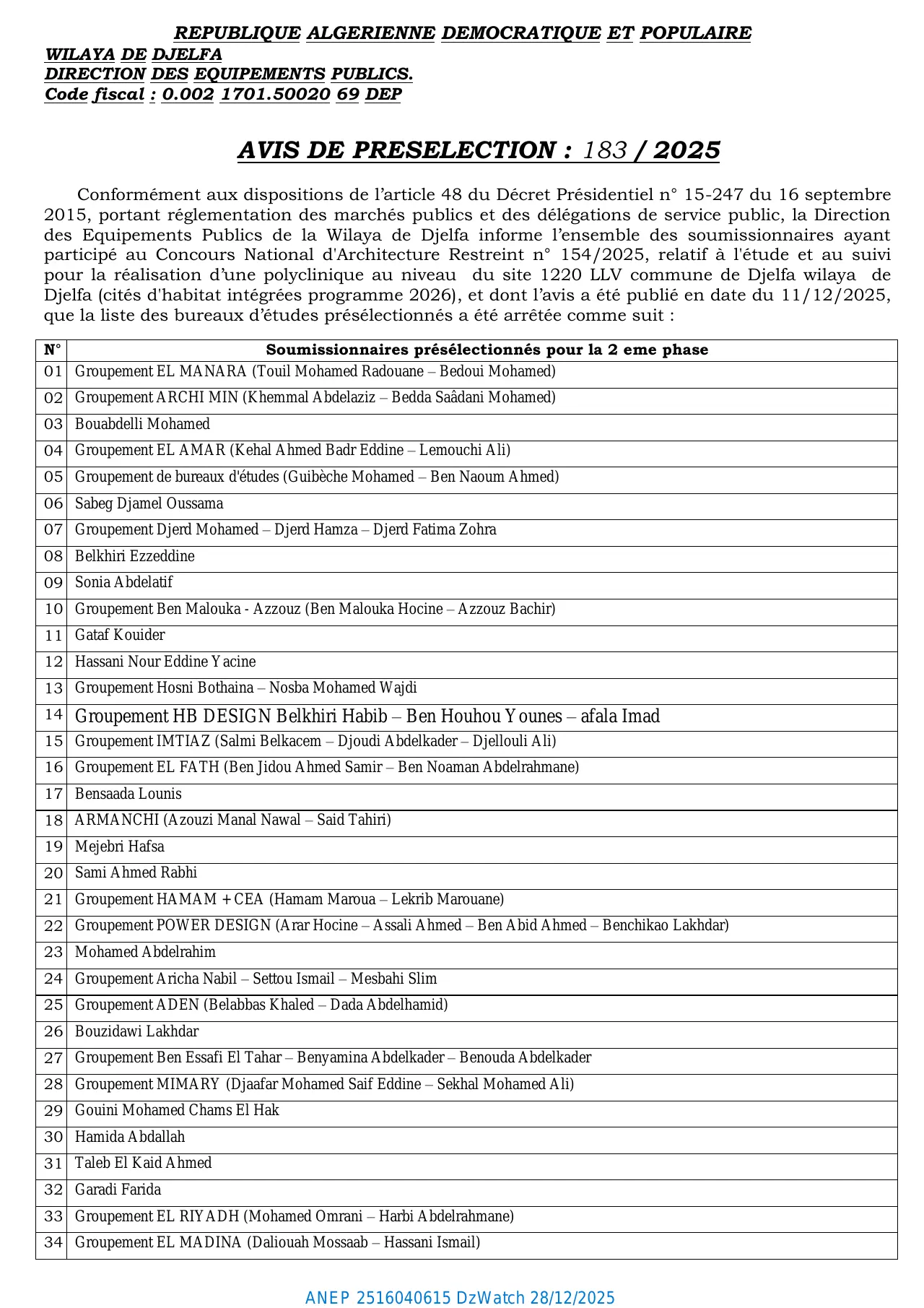 Annonce ANEP 2516040615 : AVIS DE PRESELECTION : 183/2025, Direction des Equipements Publics de la Wilaya de Djelfa
