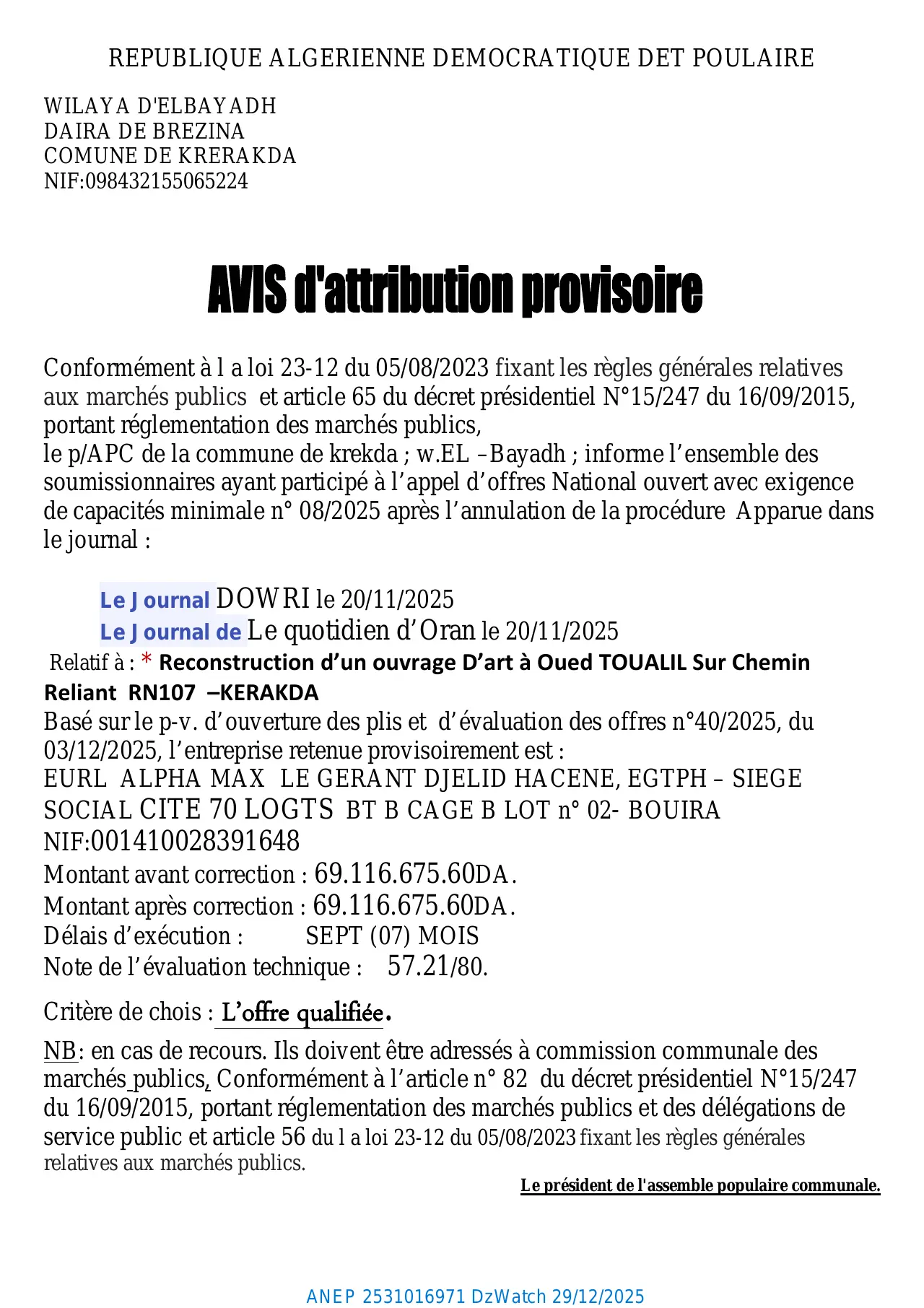 Annonce ANEP 2531016971 : AVIS d'attribution provisoire, COMUNE DE KRERAKDA