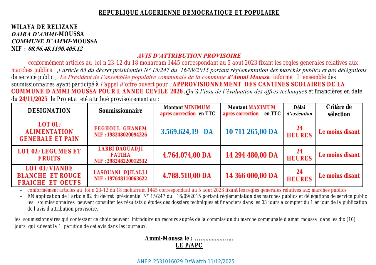Annonce ANEP 2531016029 : AVIS D’ATTRIBUTION PROVISOIRE, COMMUNE D’AMMI-MOUSSA