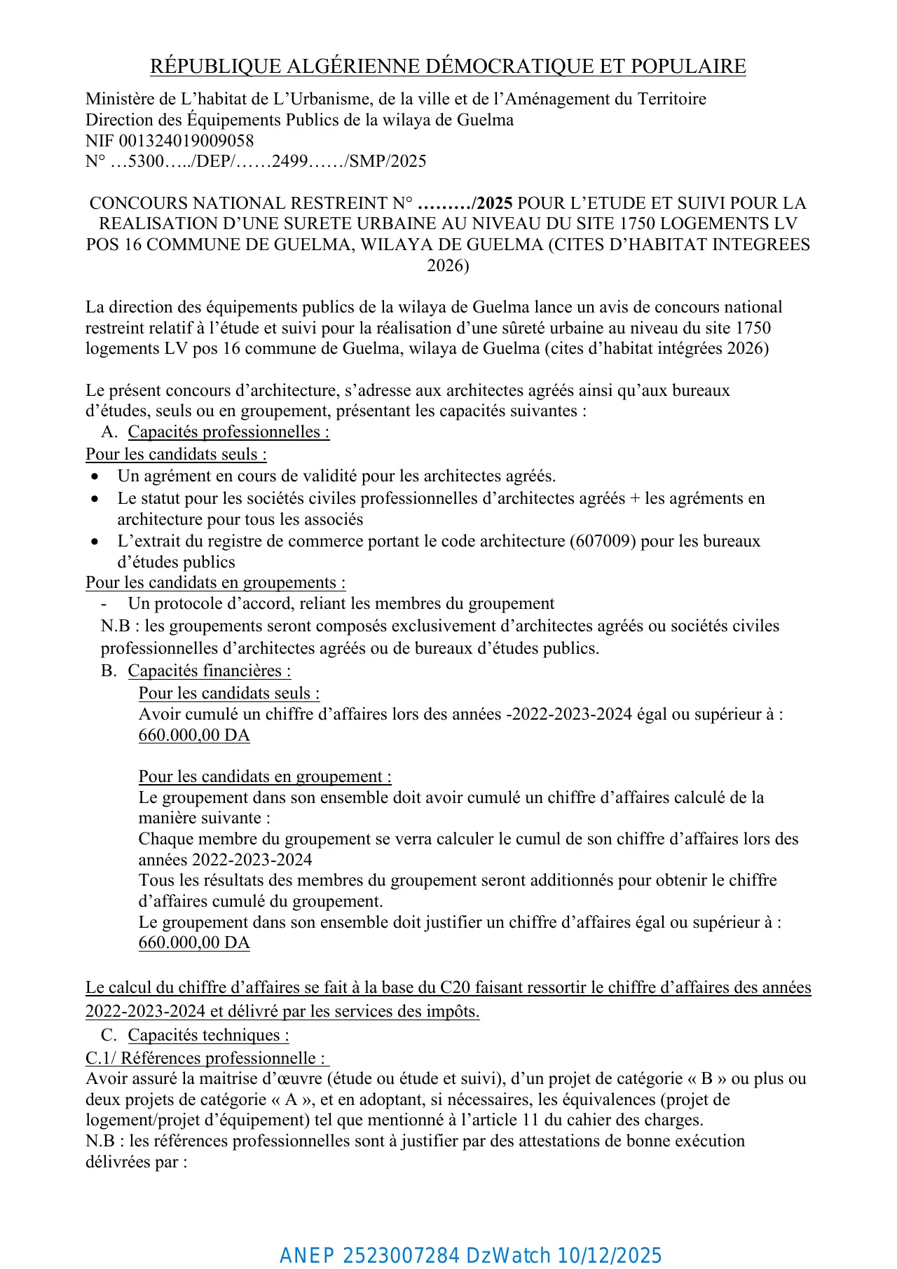 Annonce ANEP 2523007284 : CONCOURS NATIONAL RESTREINT N° ………/2025, DIRECTION DES EQUIPEMENTS PUBLICS GUELMA